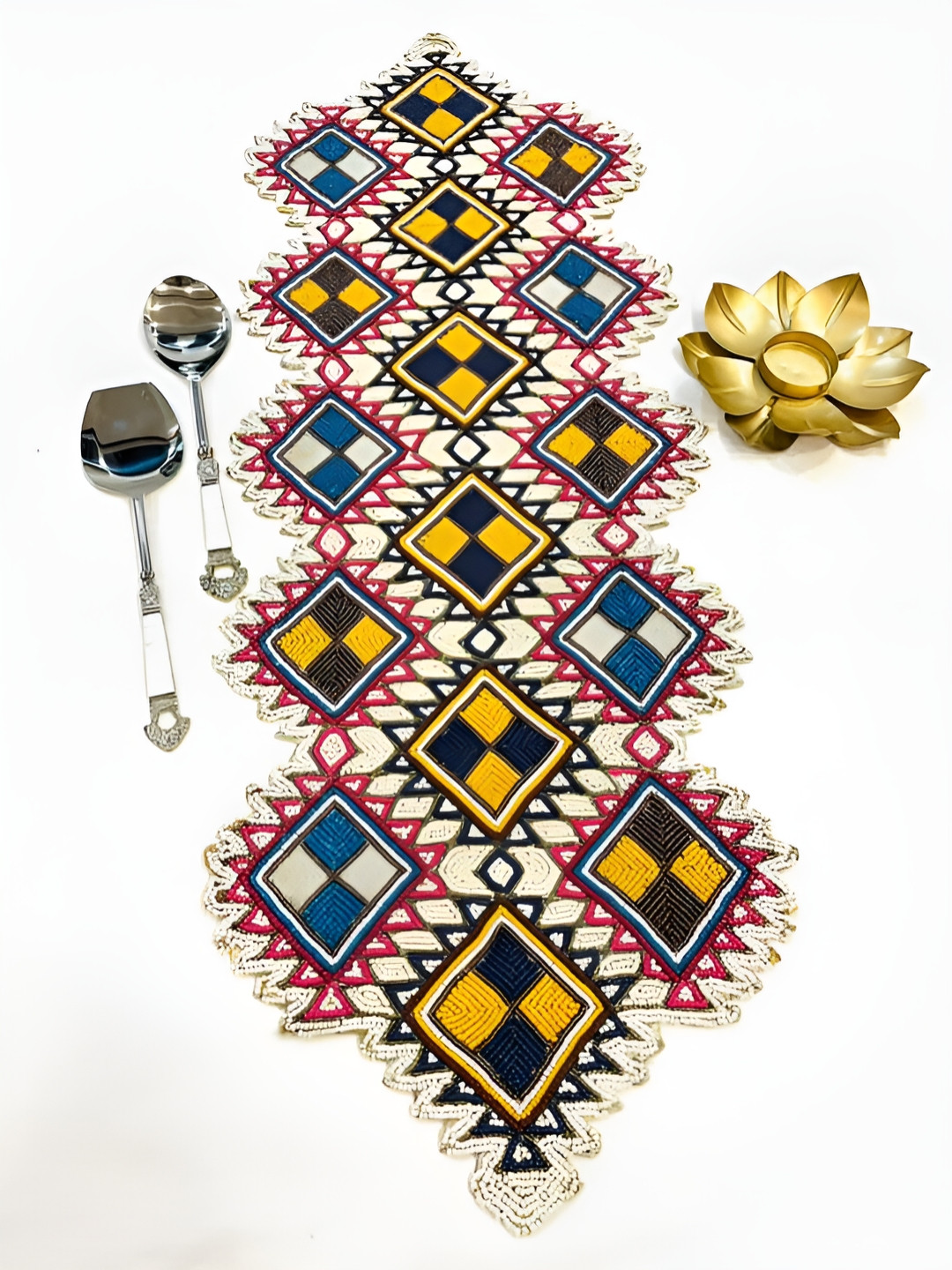 YWULY Blue & Yellow Beads Embellished Dining Table Runner