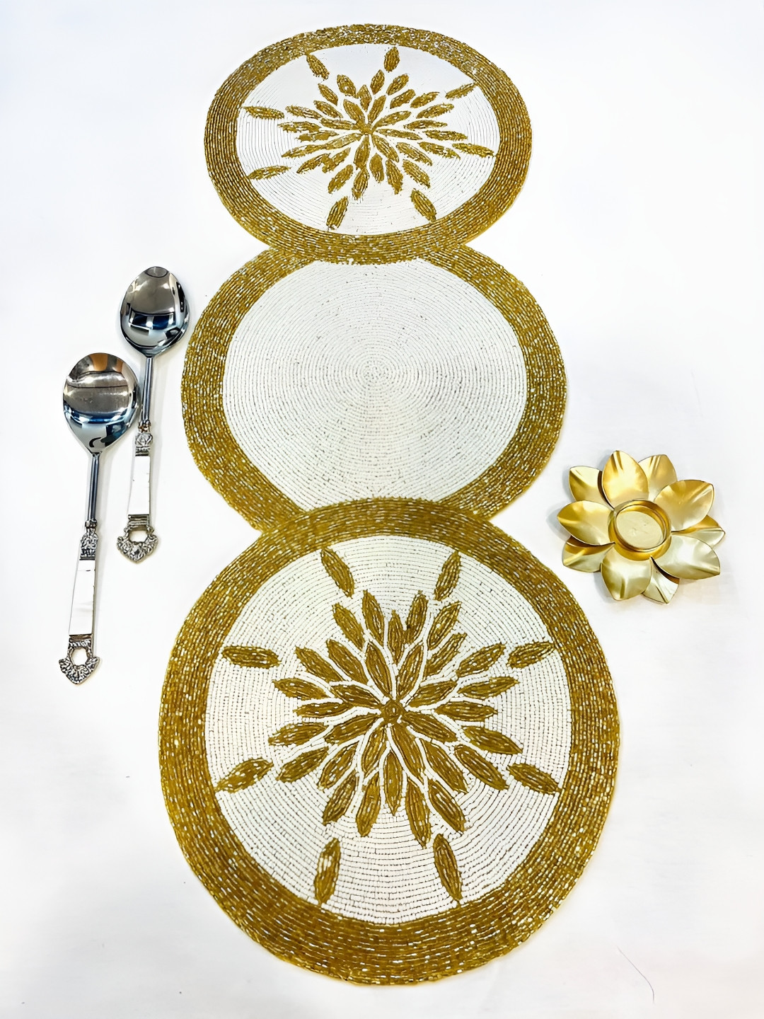 YWULY White & Gold Toned Beads Embellished Dining Table Runner