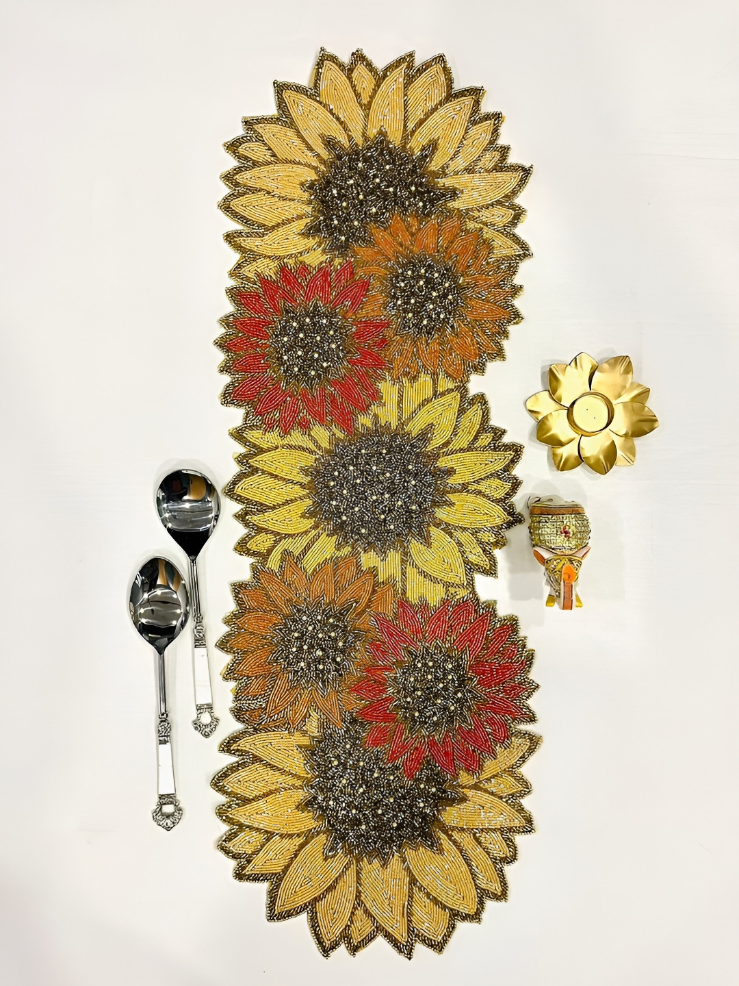 YWULY Yellow & Red Floral Embellished Abstract Shaped Table Runner