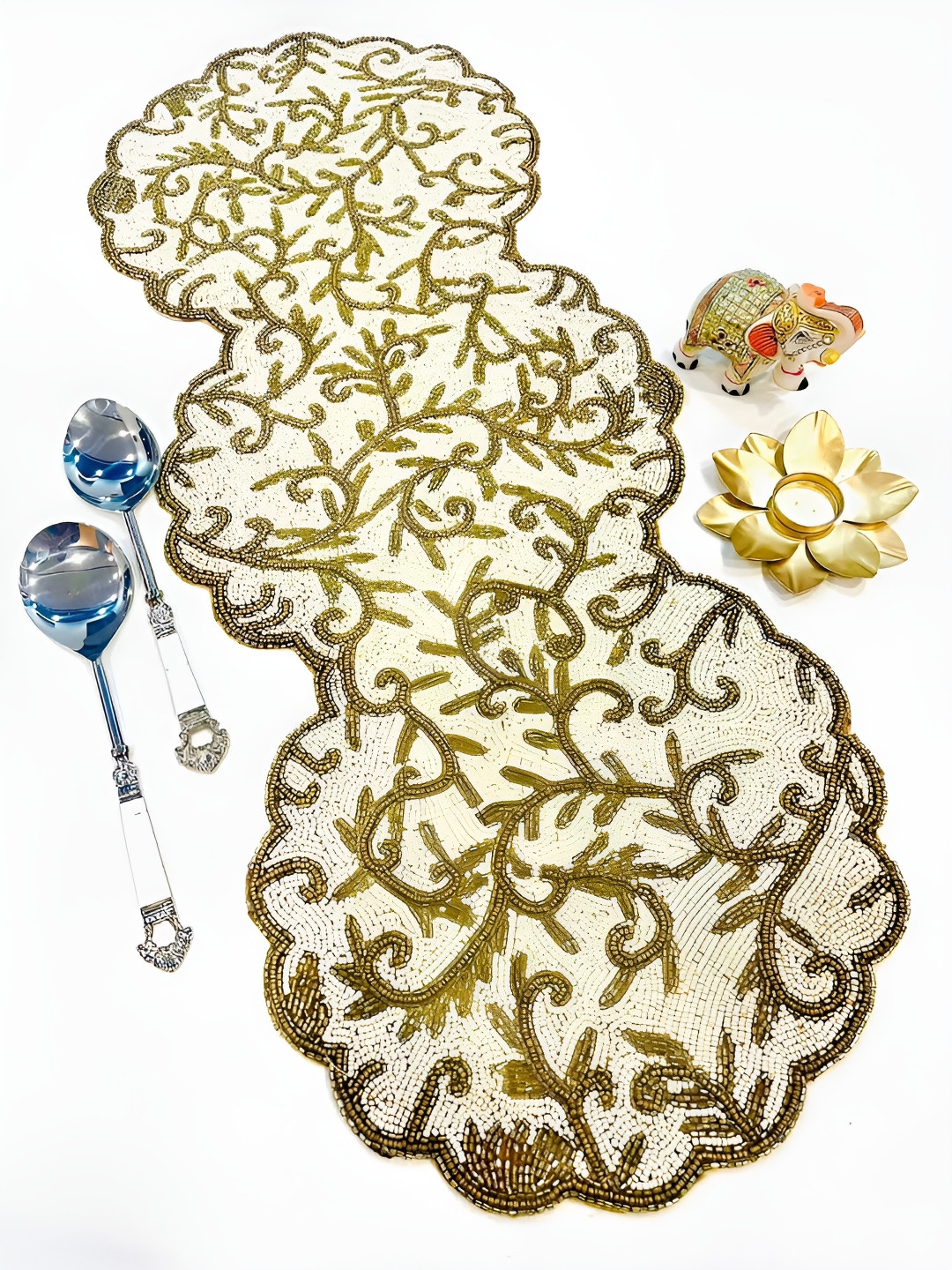 YWULY Gold Toned & White Beads Embellished Abstract Shape Table Runner