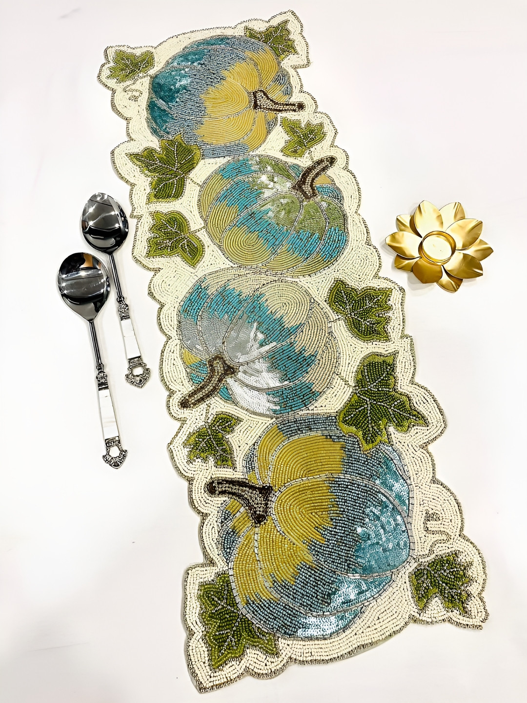 YWULY Green & Beige Beads Embellished Abstract Shape Table Runner