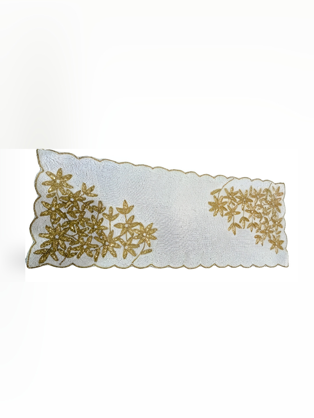 YWULY White & Gold Toned Embellished Rectangle Shaped Table Runner