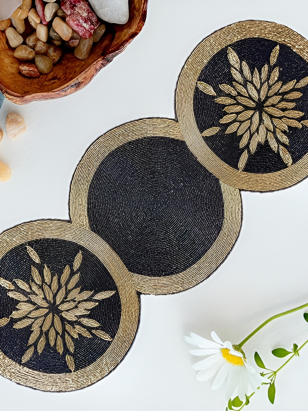 YWULY Black & Gold Toned Embroidered Abstract Shaped Table Runner