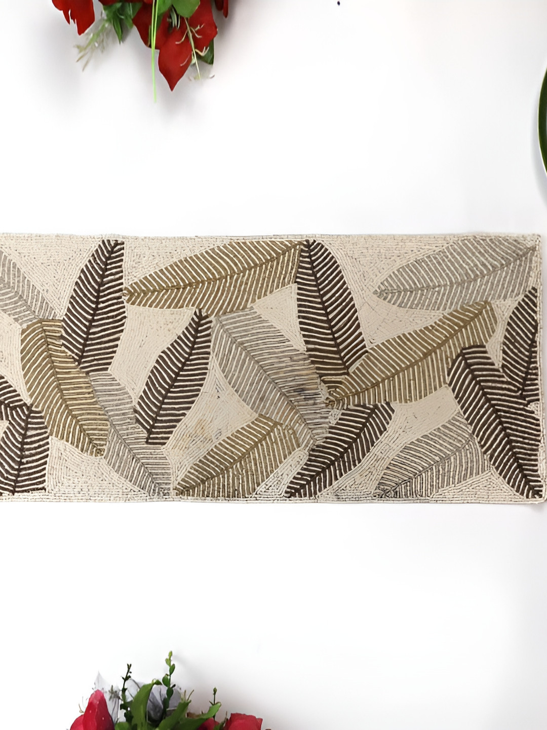 YWULY Beige & Brown Beads Embellished Rectangle Shaped Table Runner