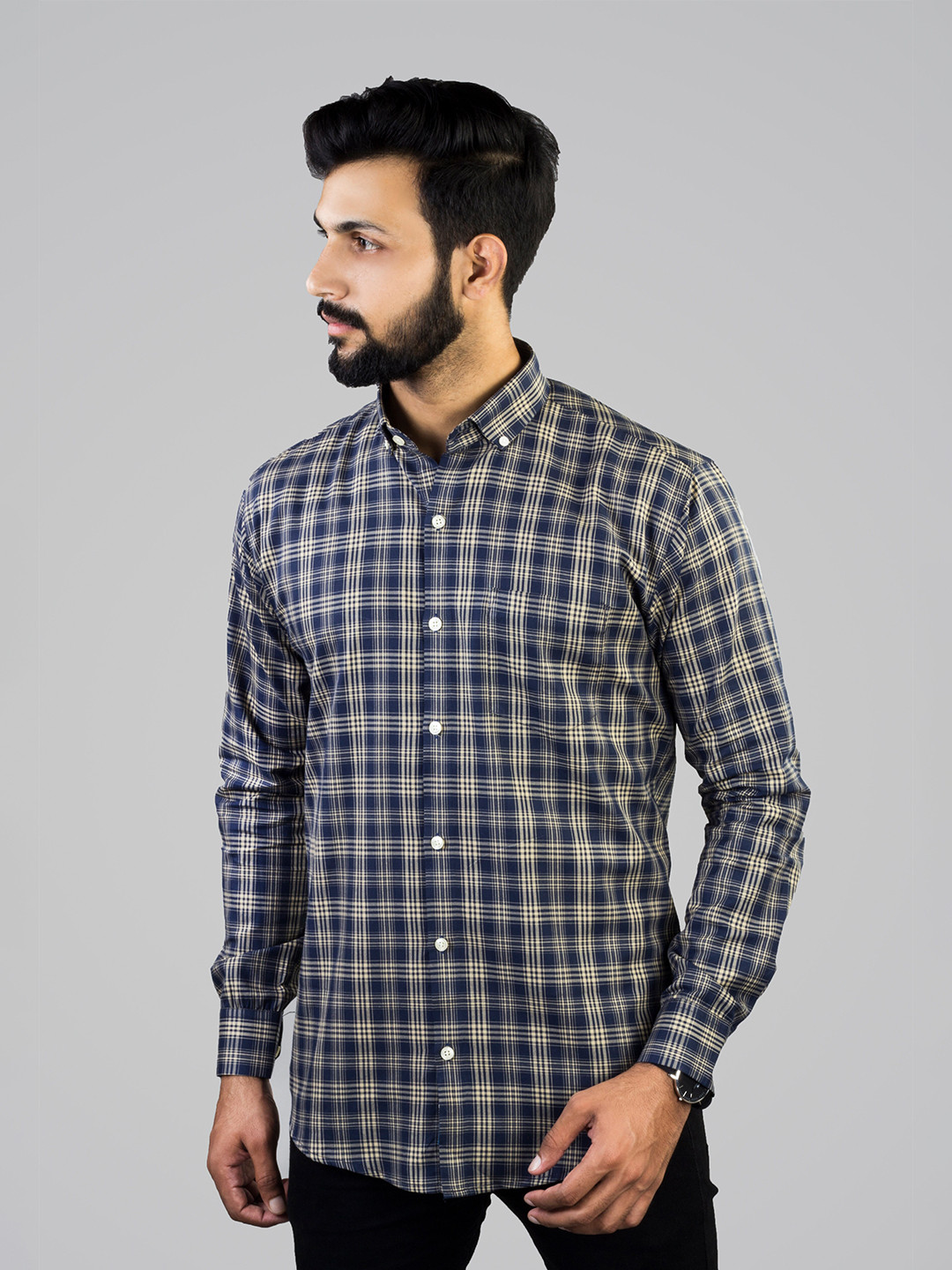 INDIAN THREADS Slim Fit Shepherd Checked Button-Down Collar Casual Shirt