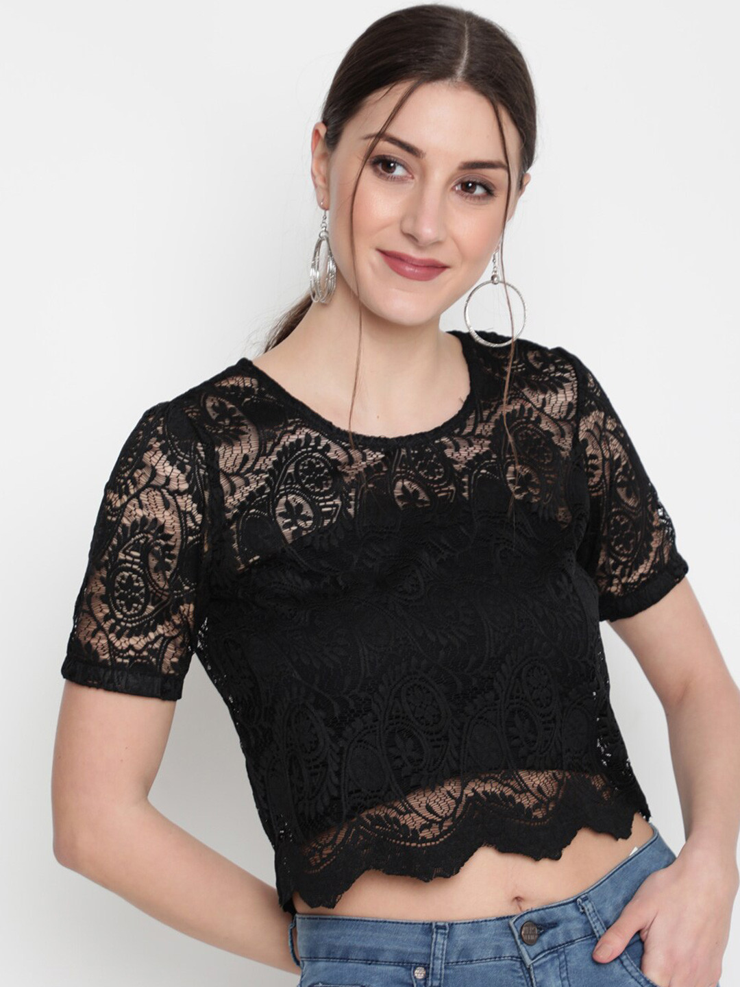 AKIMIA Self Design Round Neck Short Sleeves Regular Crop Top