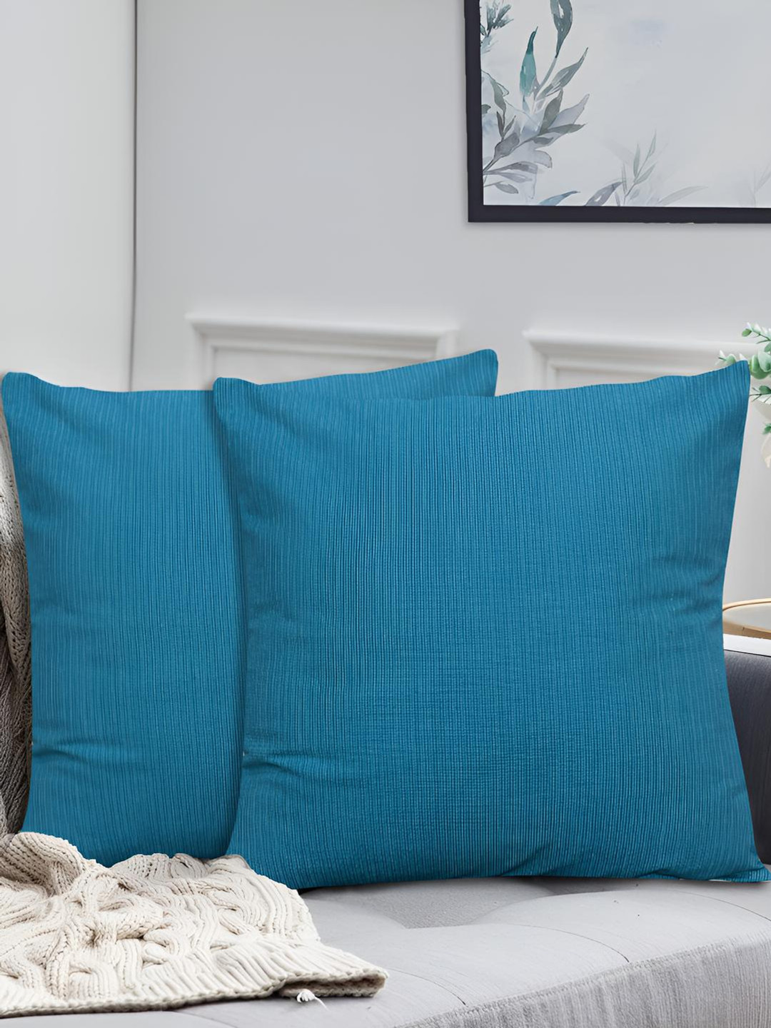 HOME COLORS.IN Blue 2 Pieces Striped Square Textured Cotton Cushion Covers