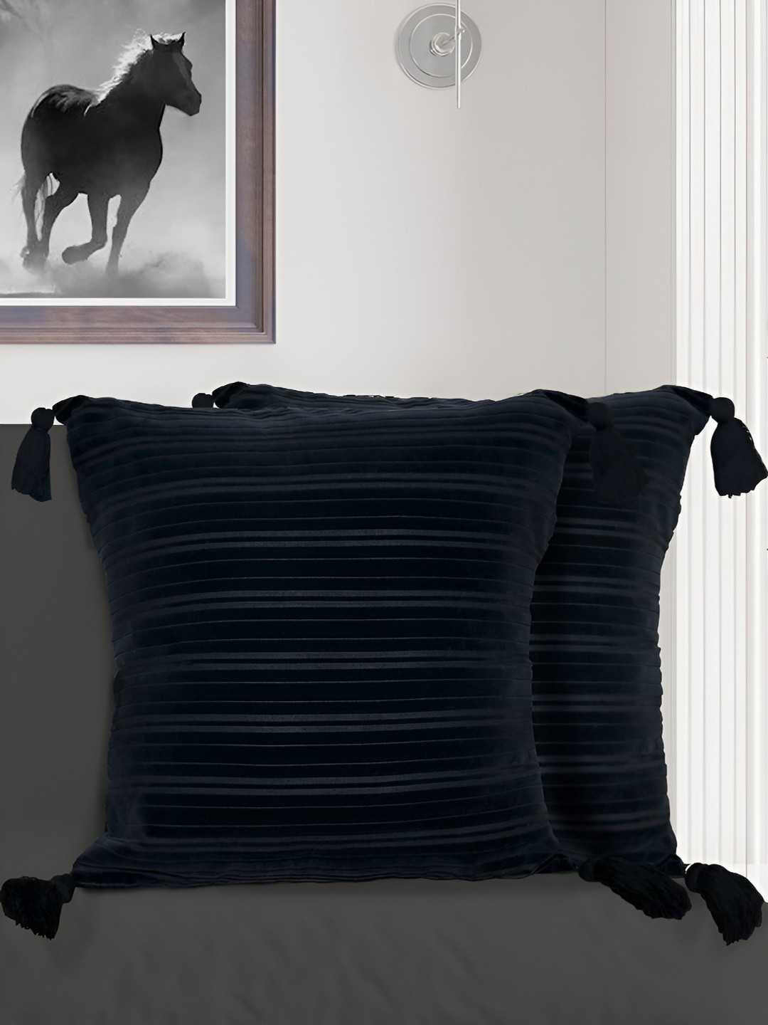 HOME COLORS.IN Black Striped Cotton Washable 2 Square Cushion Covers -20x20In