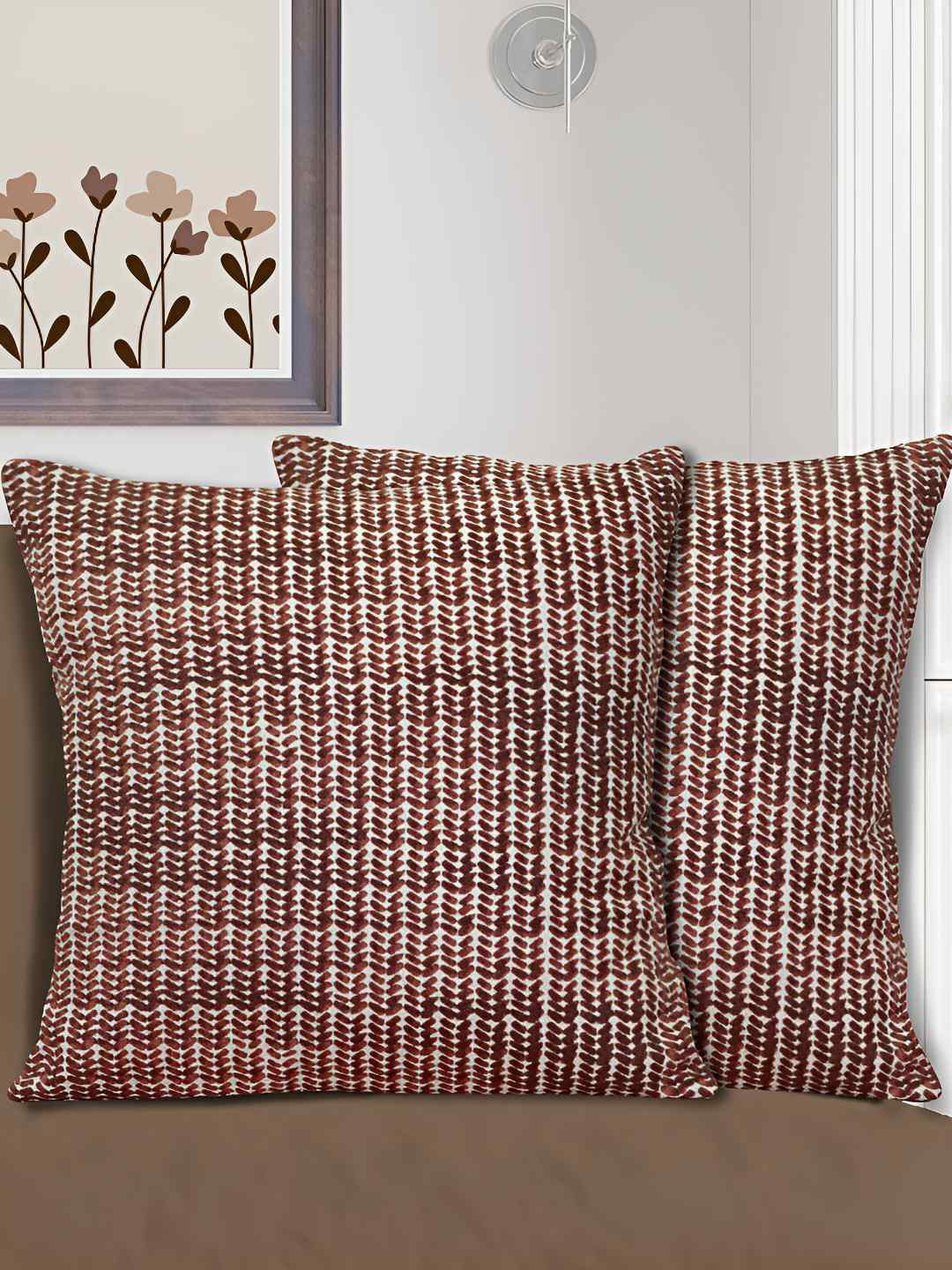 HOME COLORS.IN Brown & White 2 Pieces  Ethnic Motifs Square Cotton Cushion Covers