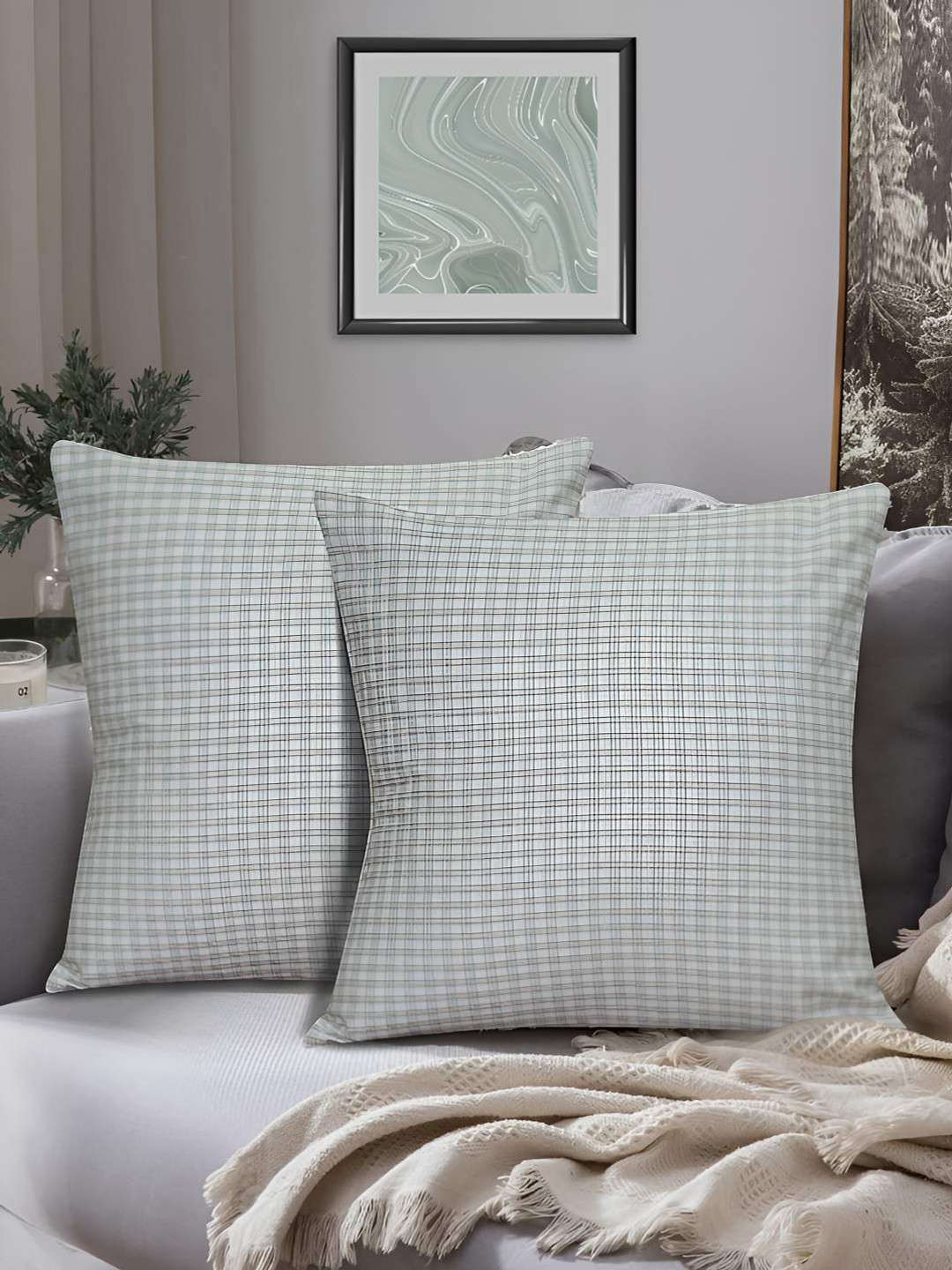 HOME COLORS.IN Green Checked Polyester Silk Breathable 2 Pcs Cushion Covers -16x16In