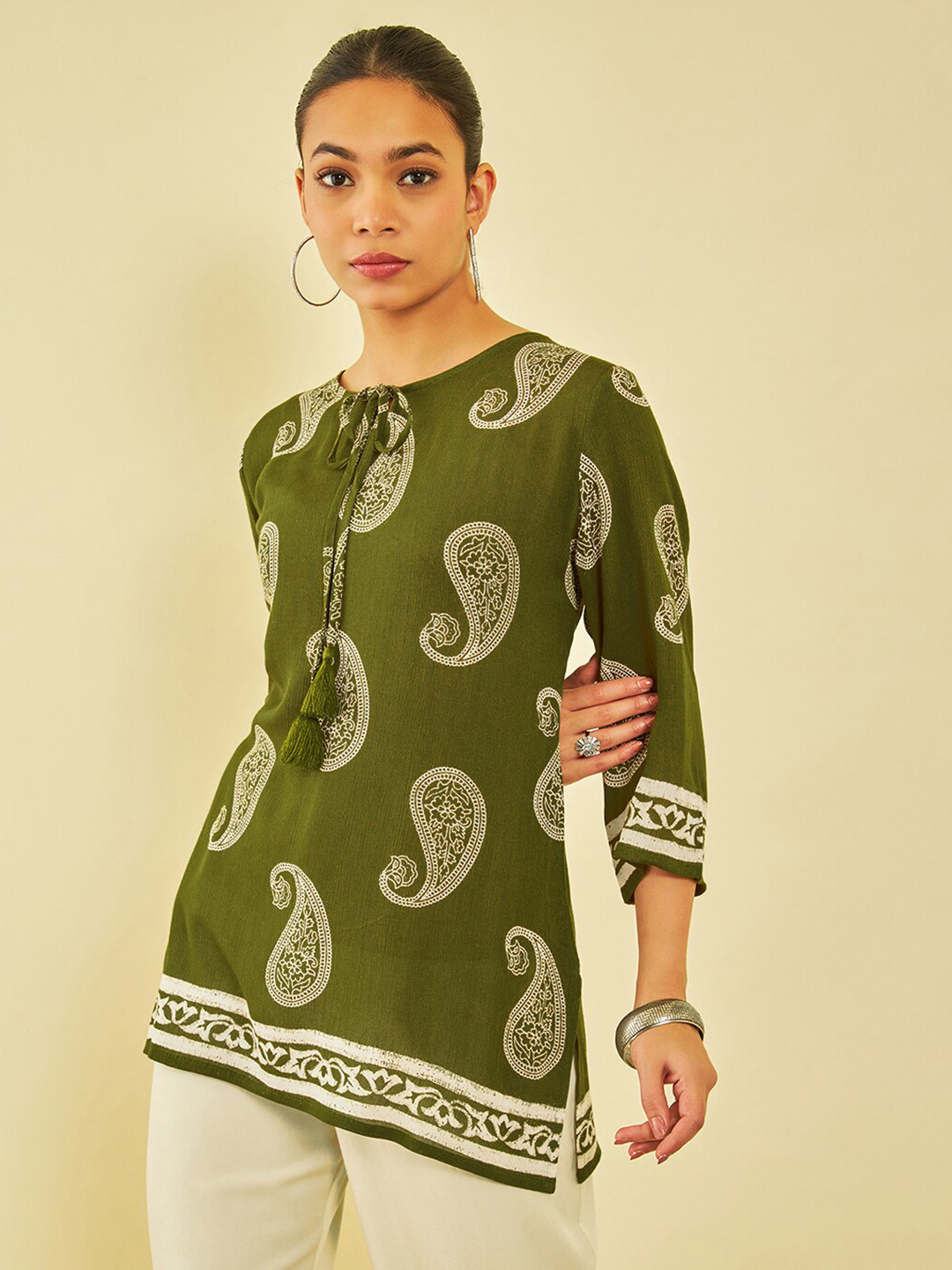 Soch Green Paisley Printed Tie-Up Neck Tunic