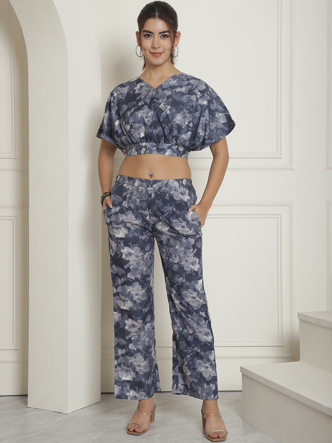 Indian Needle Abstract Printed Crop Top With Trousers Co-Ords
