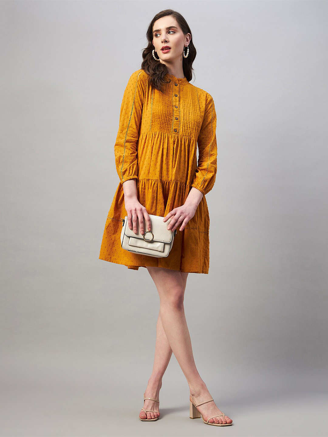 Azira Embellished Mandarin Collar Long Cuffed Sleeves Fit & Flare Tiered Cotton Dress