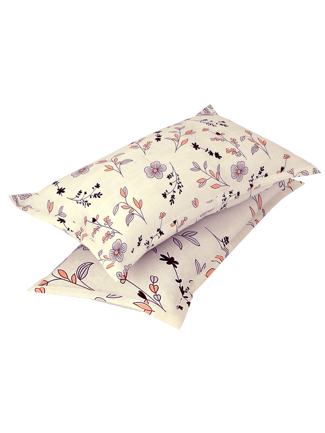 bsb home Beige & Coffee Brown 2 Pieces Floral Printed Pure Cotton Rectangle Pillow Covers