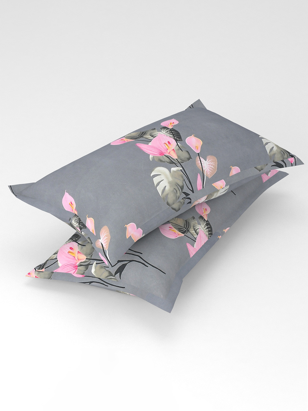 bsb home Grey & Pink 2 Pieces Floral Printed Pure Cotton Rectangle Pillow Covers