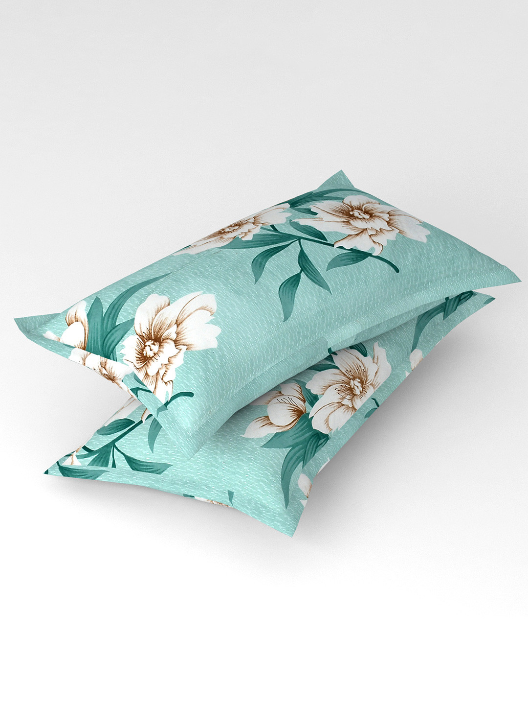 bsb home Green & Beige 2 Pieces Floral Printed Pure Cotton Rectangle Pillow Covers