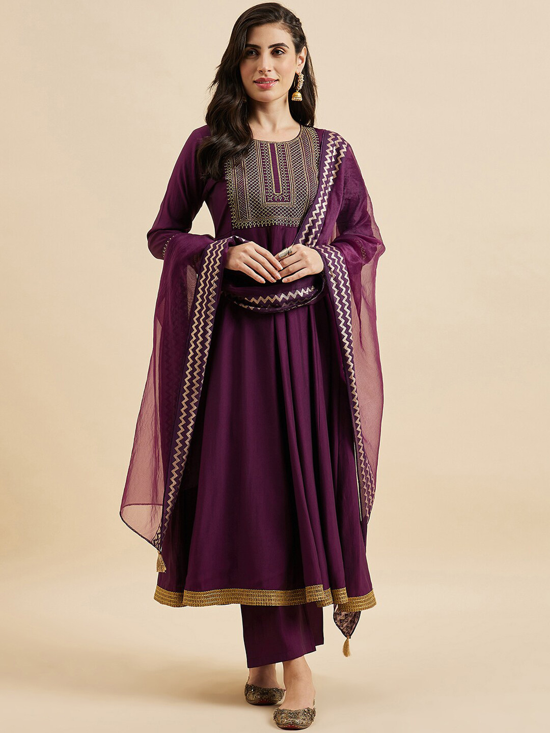 Azira Geometric Embroidered Regular Thread Work Anarkali Kurta with Palazzos & Dupatta