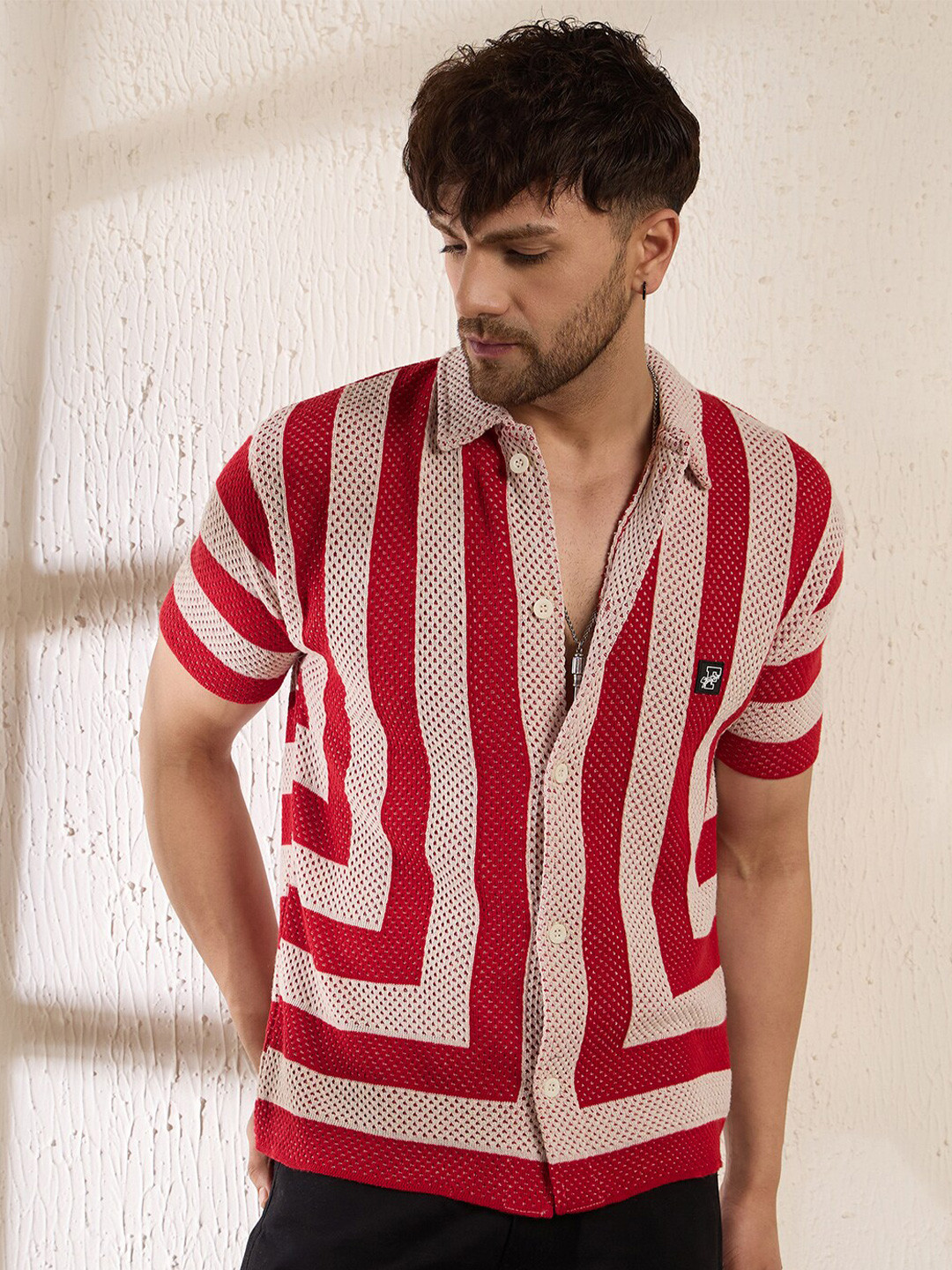 FUGAZEE Relaxed Spread Collar Striped Crotchet Knitted Cotton Casual Crochet Shirt