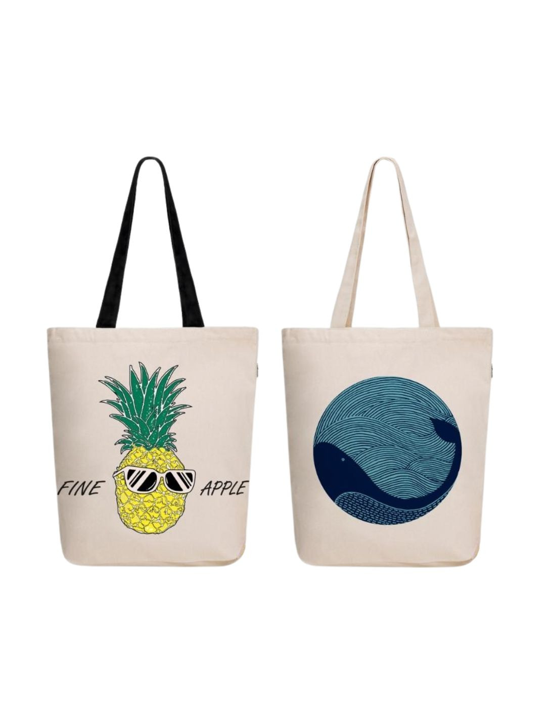 EcoRight Unisex Set Of 2 Fineapple & Whale Doodle Printed Lightweight Cotton Tote Bags