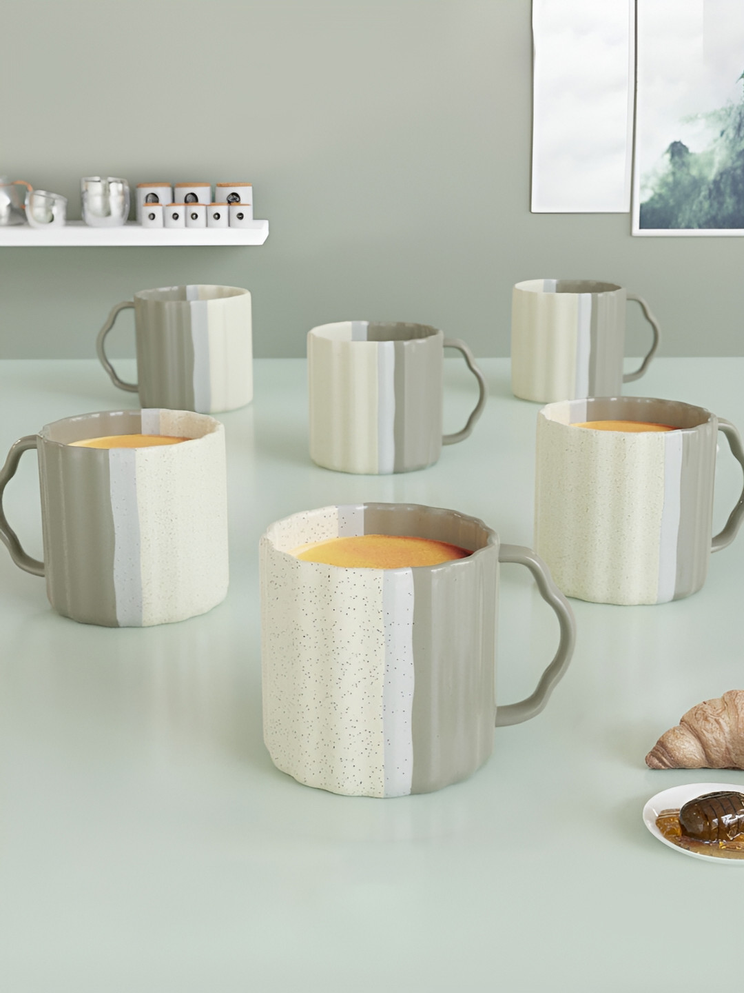 The Earth Store Colour Refresh Grey Colourblocked Ceramic Handmade 6 Piece Cups-180ml