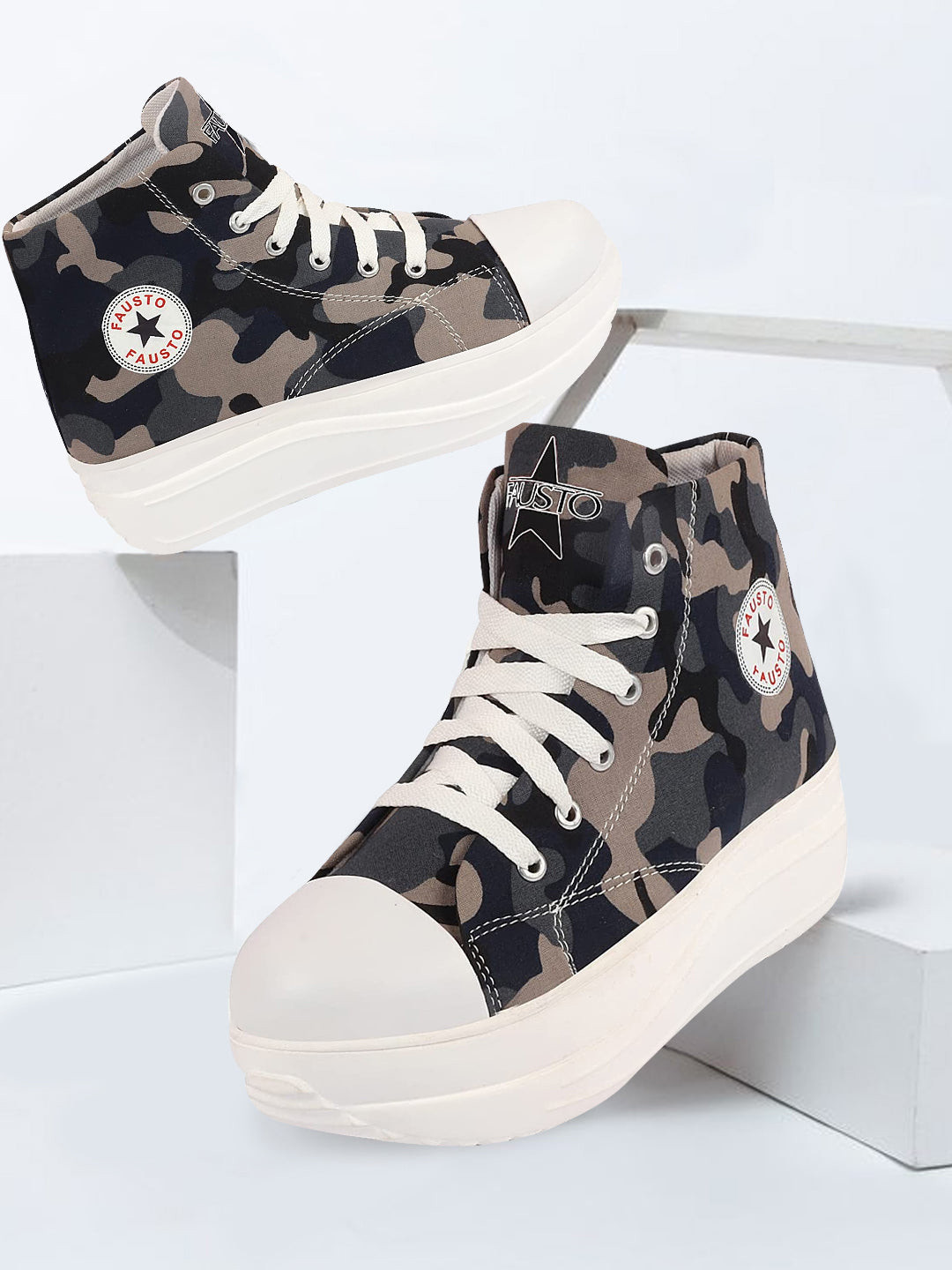 FAUSTO Women Camouflage Printed Canvas Flatform Sneakers