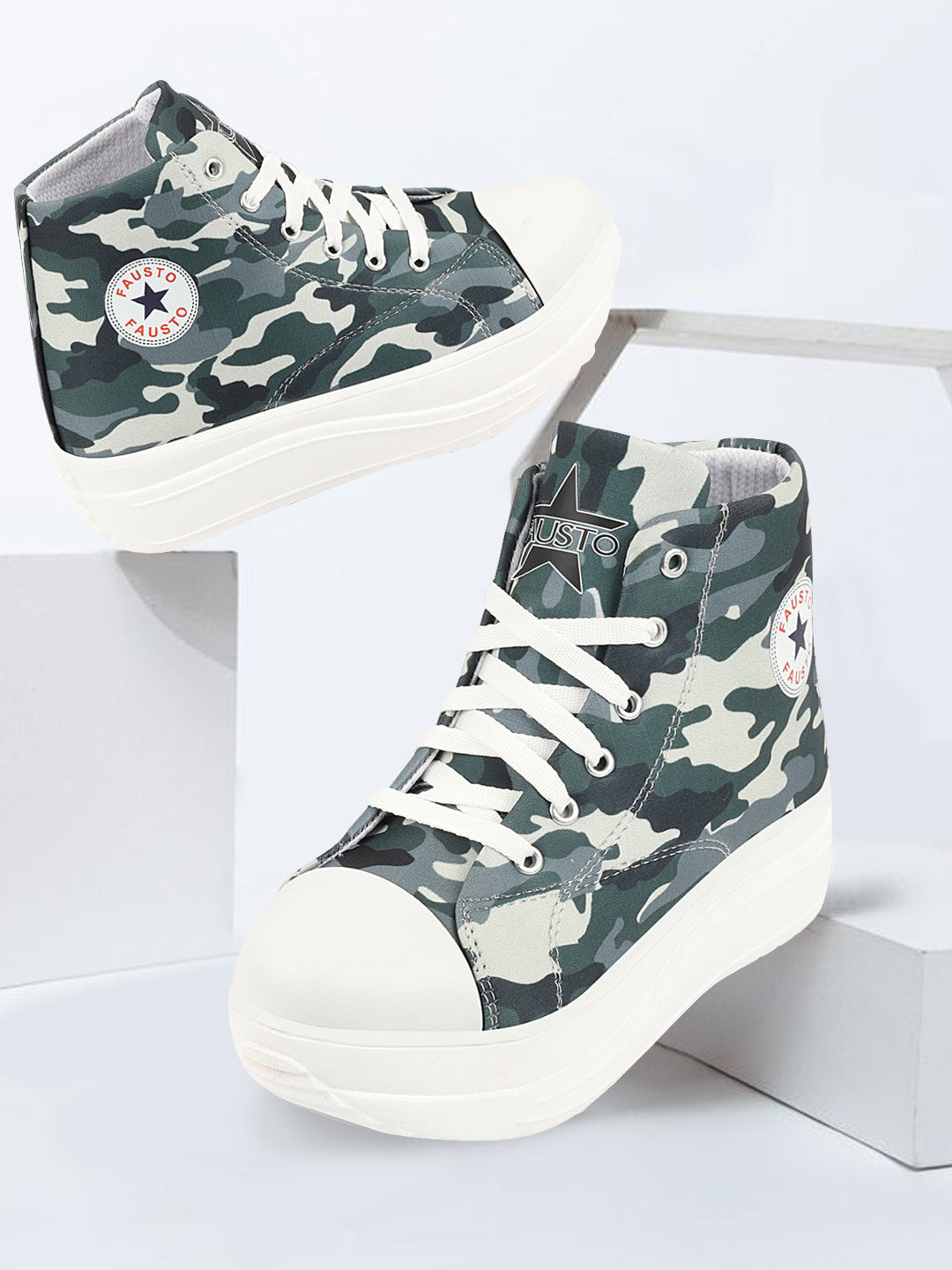 FAUSTO Women Camouflage Printed Canvas Flatform Sneakers