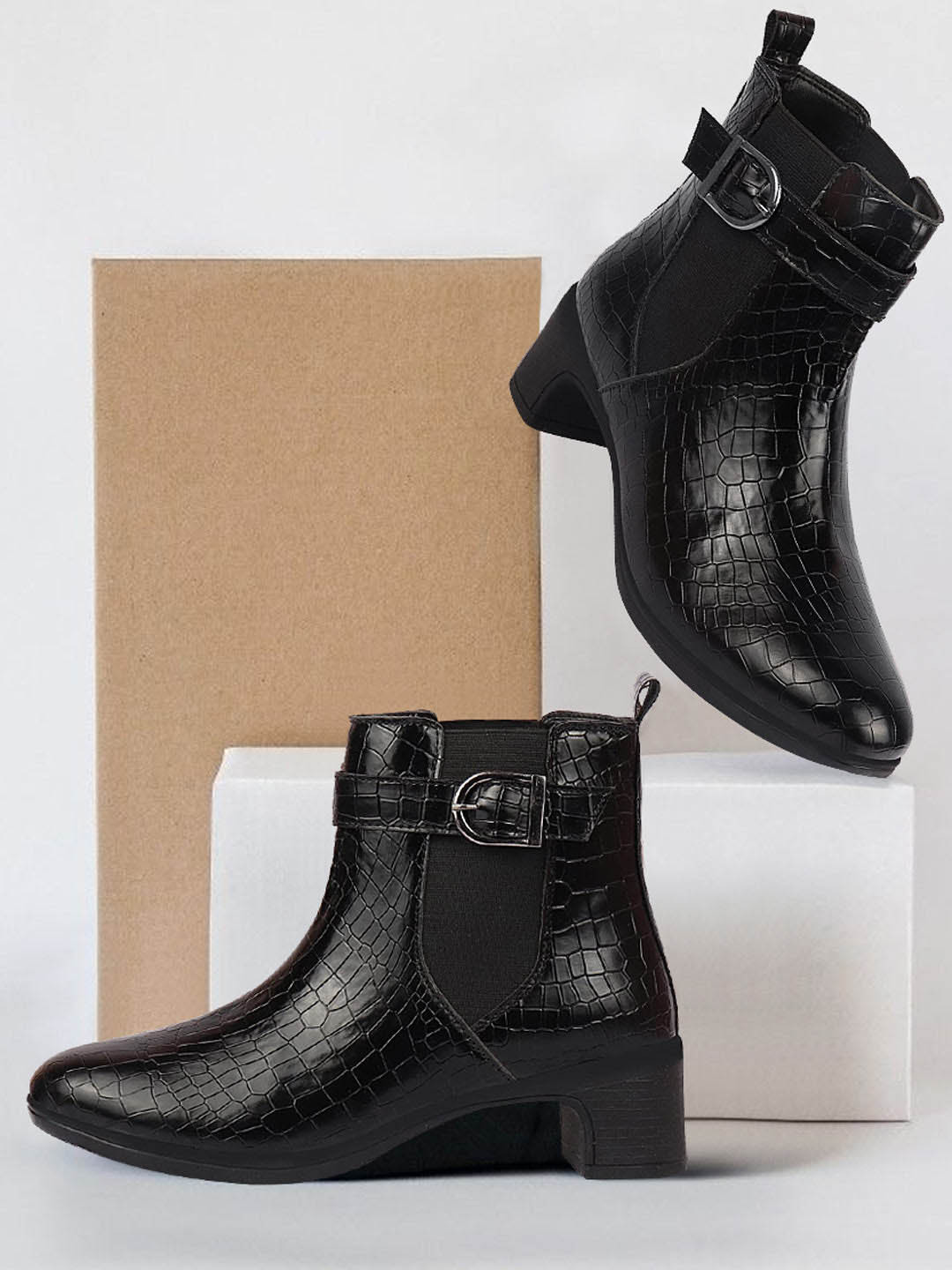 FAUSTO Women Textured Round Toe Block-Heeled Chelsea Boots