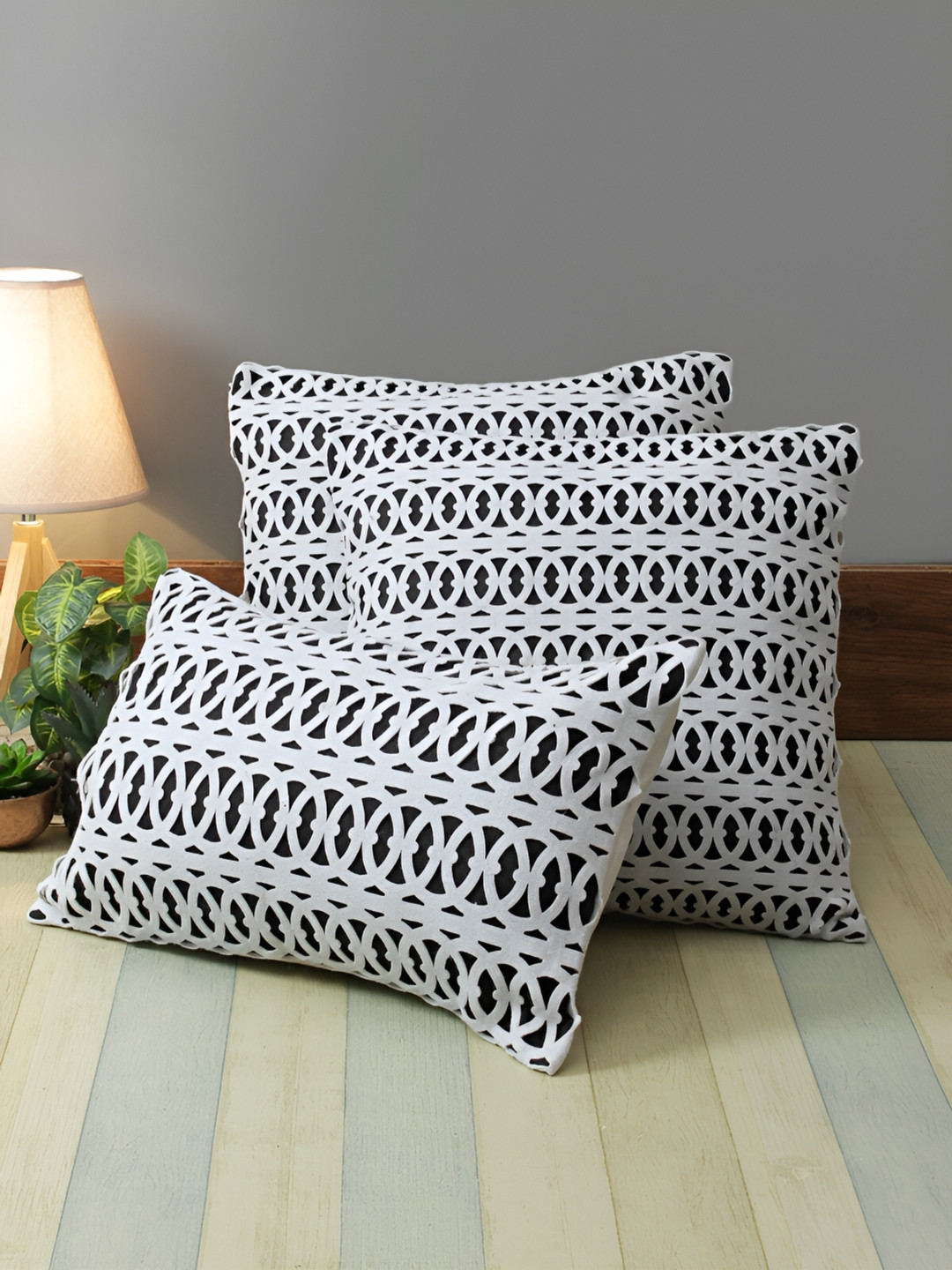 Aura Black Geometric Polyester Washable 3 Pcs Square Cushion Covers - 15.7 x 15.7 In