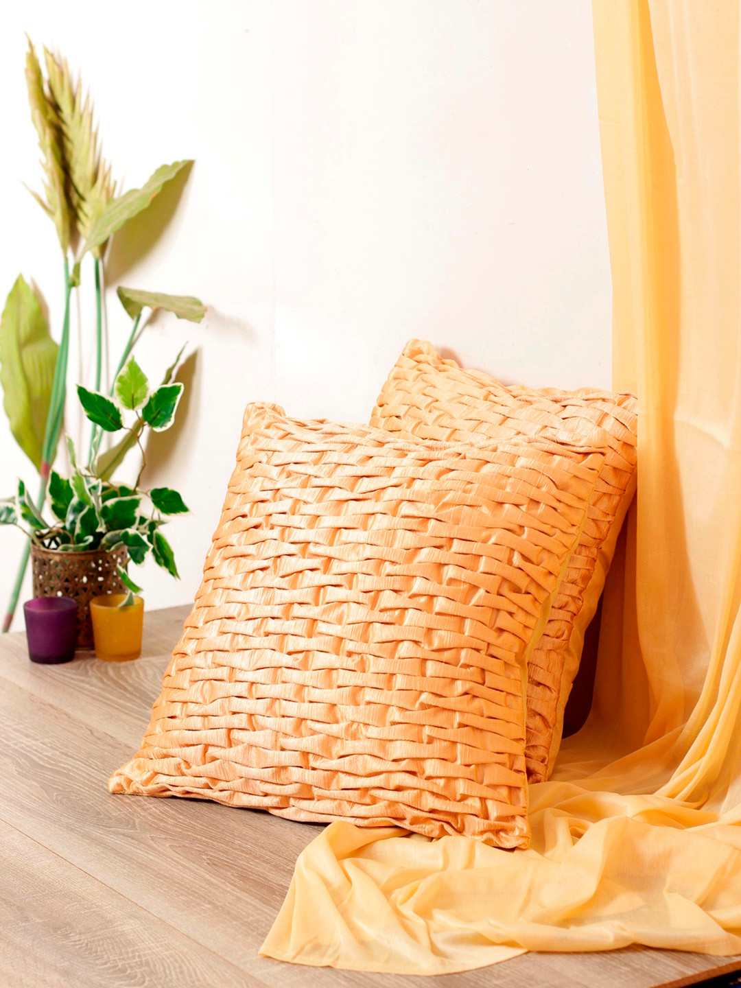 Aura Self Design Polyester Chenille Washable 2 Pcs Textured Square Cushion Covers -16x16In