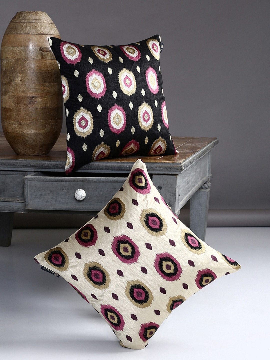 Aura Ethnic Motifs Polyester Washable 2 Pcs Embroidered Cushion Covers - 15.7x15.7In