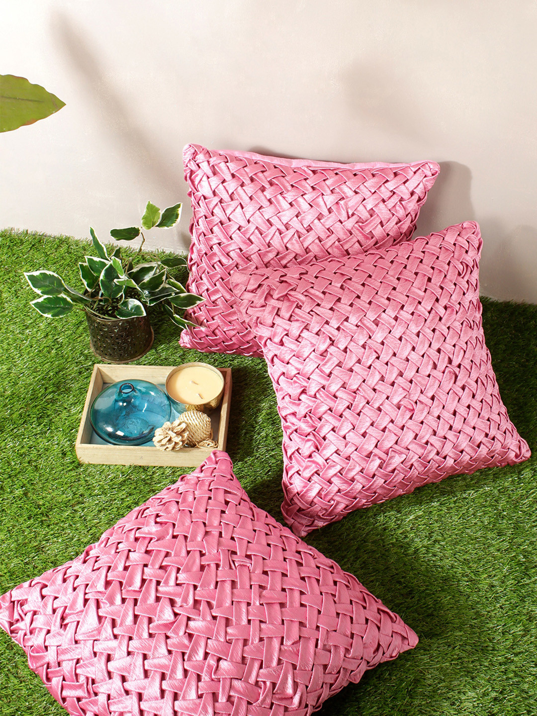 Aura Pink Geometric Polyester Washable 3 Pcs Textured Cushion Covers - 15.7 x 15.7 Inches
