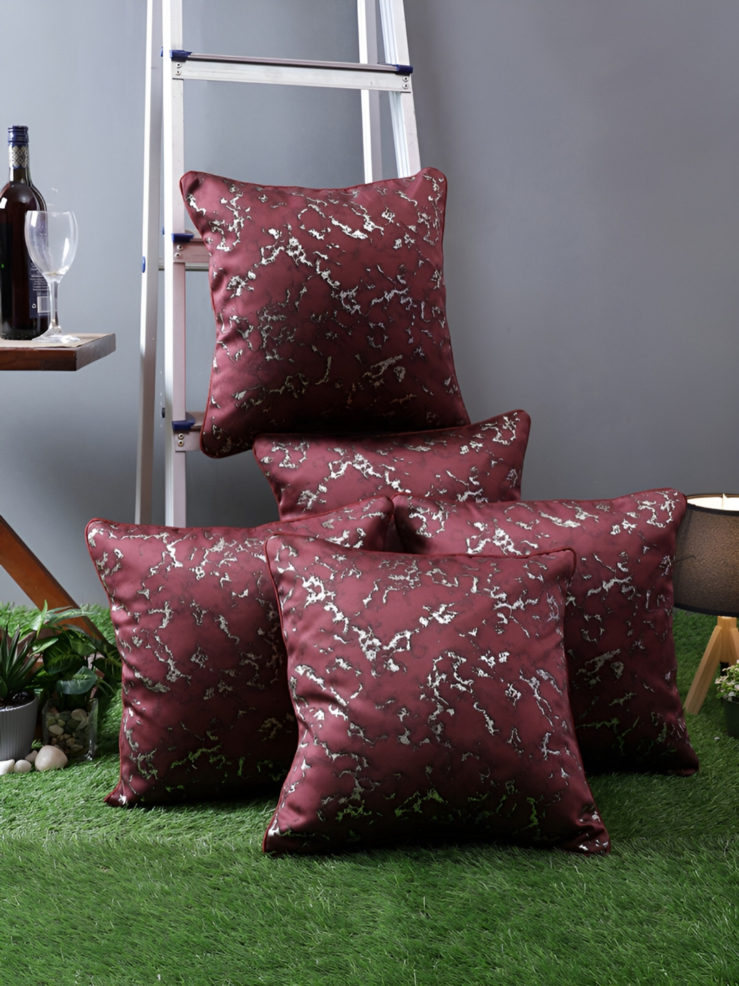 Aura Burgundy Abstract Polyester Washable 5 Piece Square Cushion Covers - 16 x 16 Inches