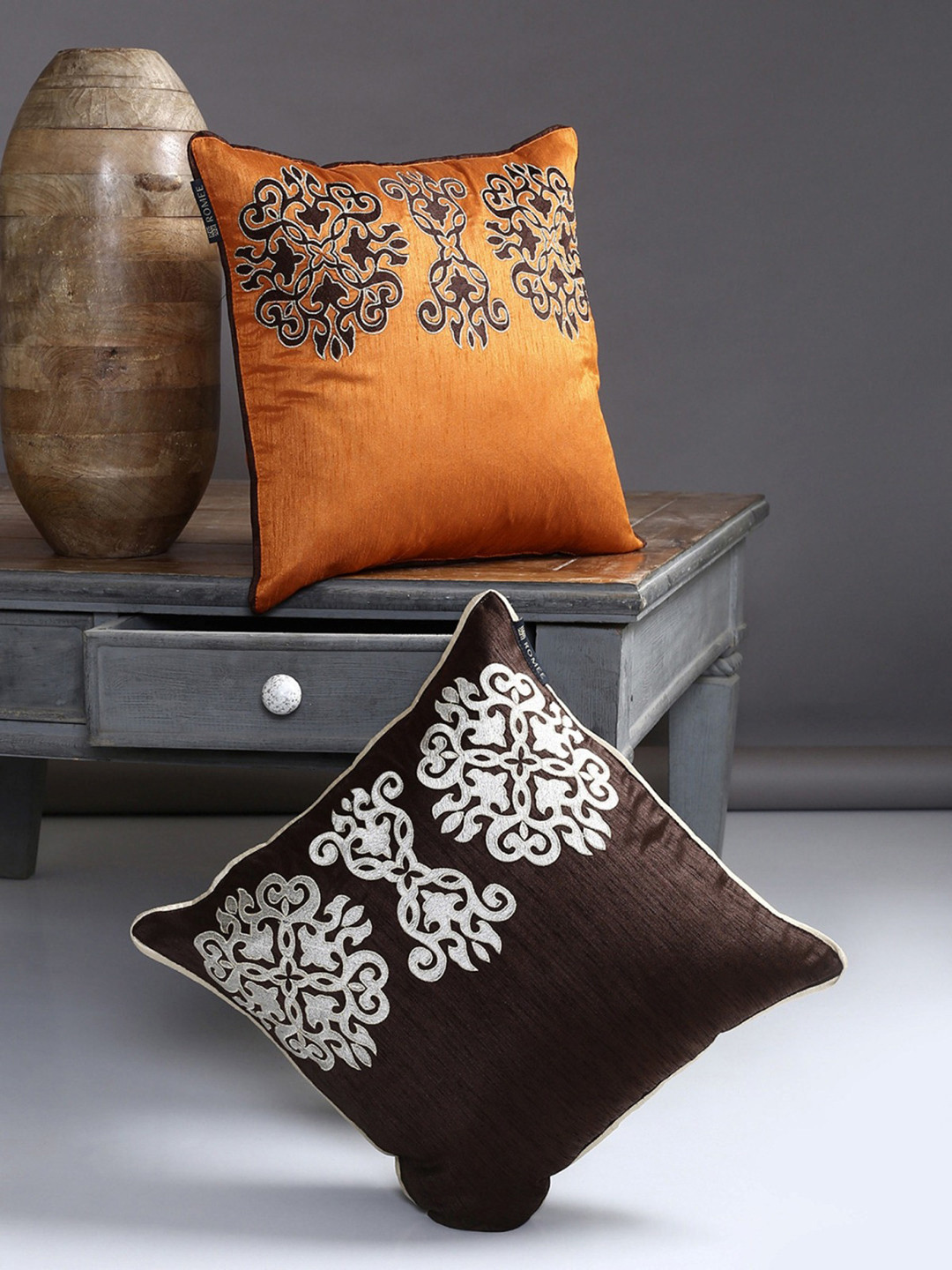 Aura Brown & Orange 2 Pieces Embroidered Square Cushion Covers