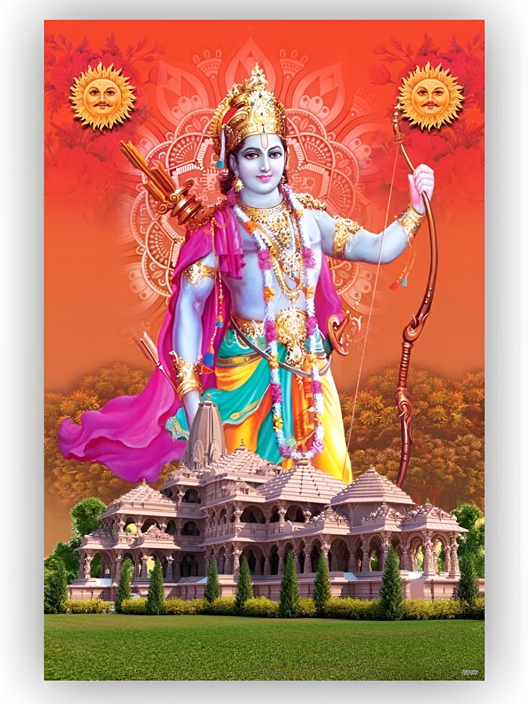 PnF Blue & Pink Ram Ji With Ram Mandir Paper Religious Wall Photograph