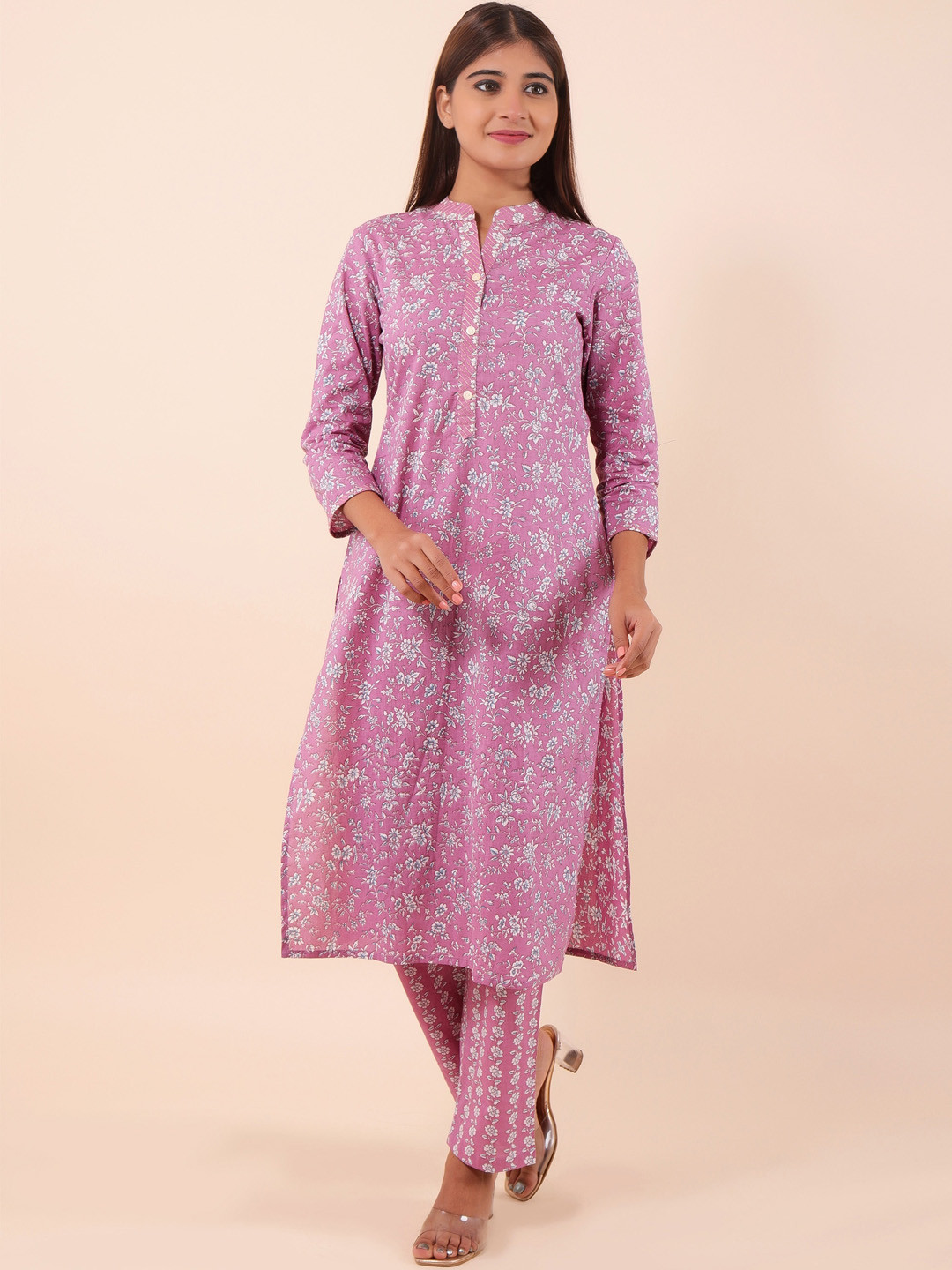 Sangria Purple Floral Printed Straight Pure Cotton Kurta & Trousers