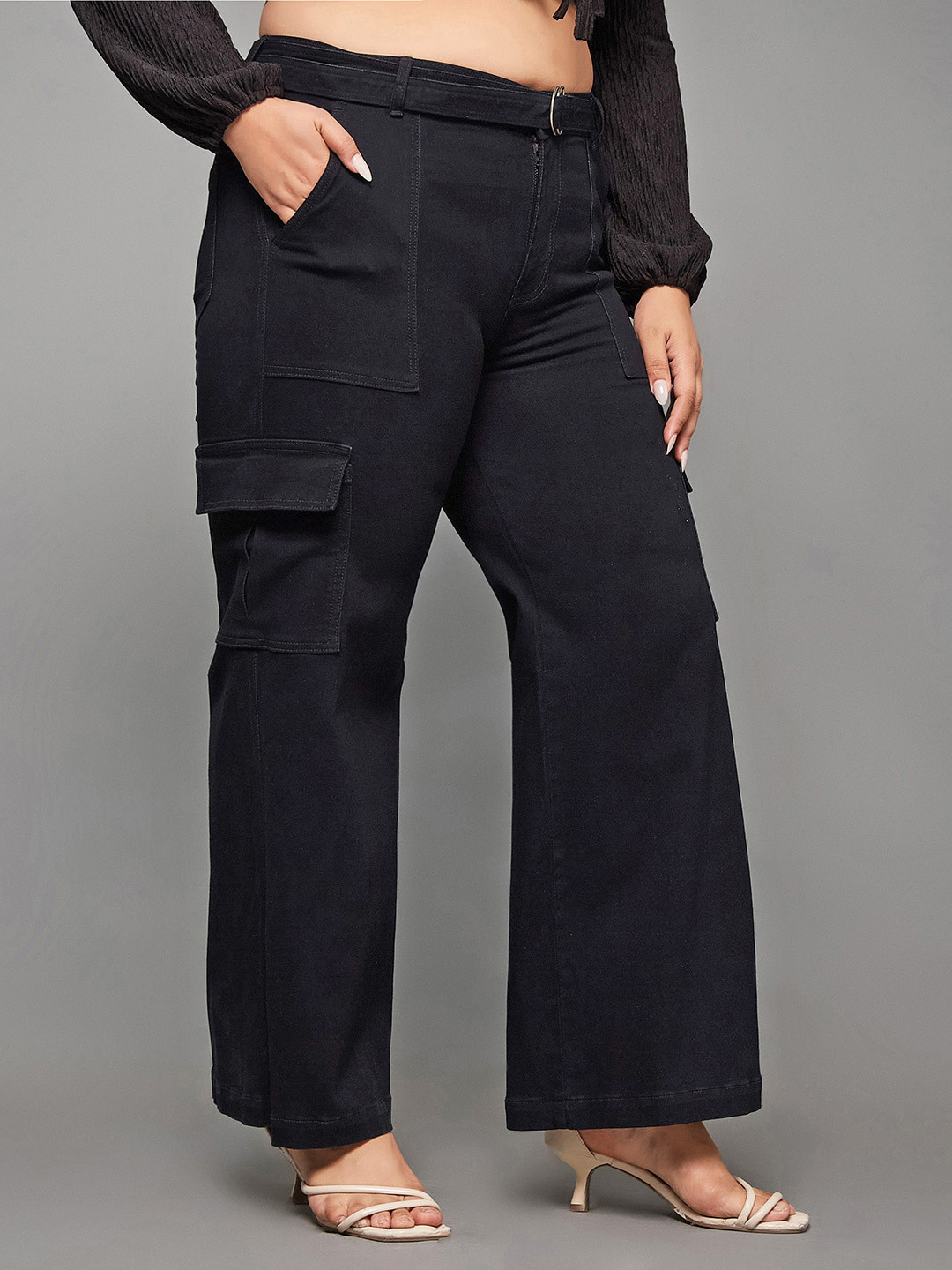 Miss Chase A+ Women Plus Size Wide Leg High-Rise Clean Look Stretchable Cargo Jeans