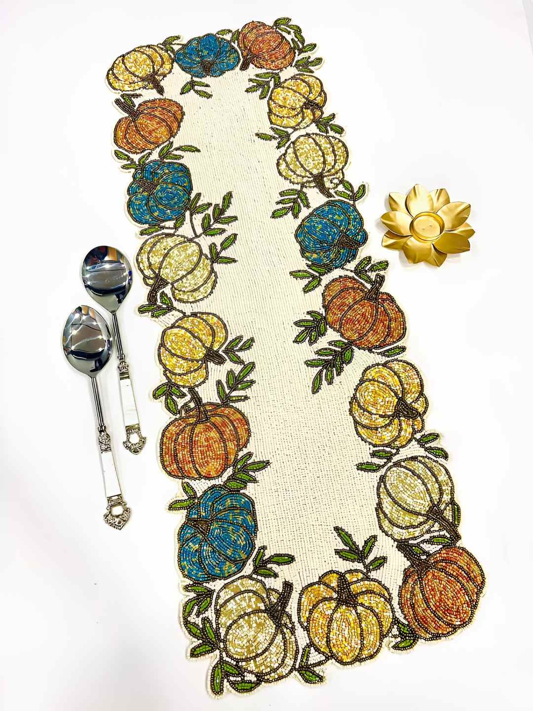 PURINA'S Beige & Green Embellished Dining Table Runner