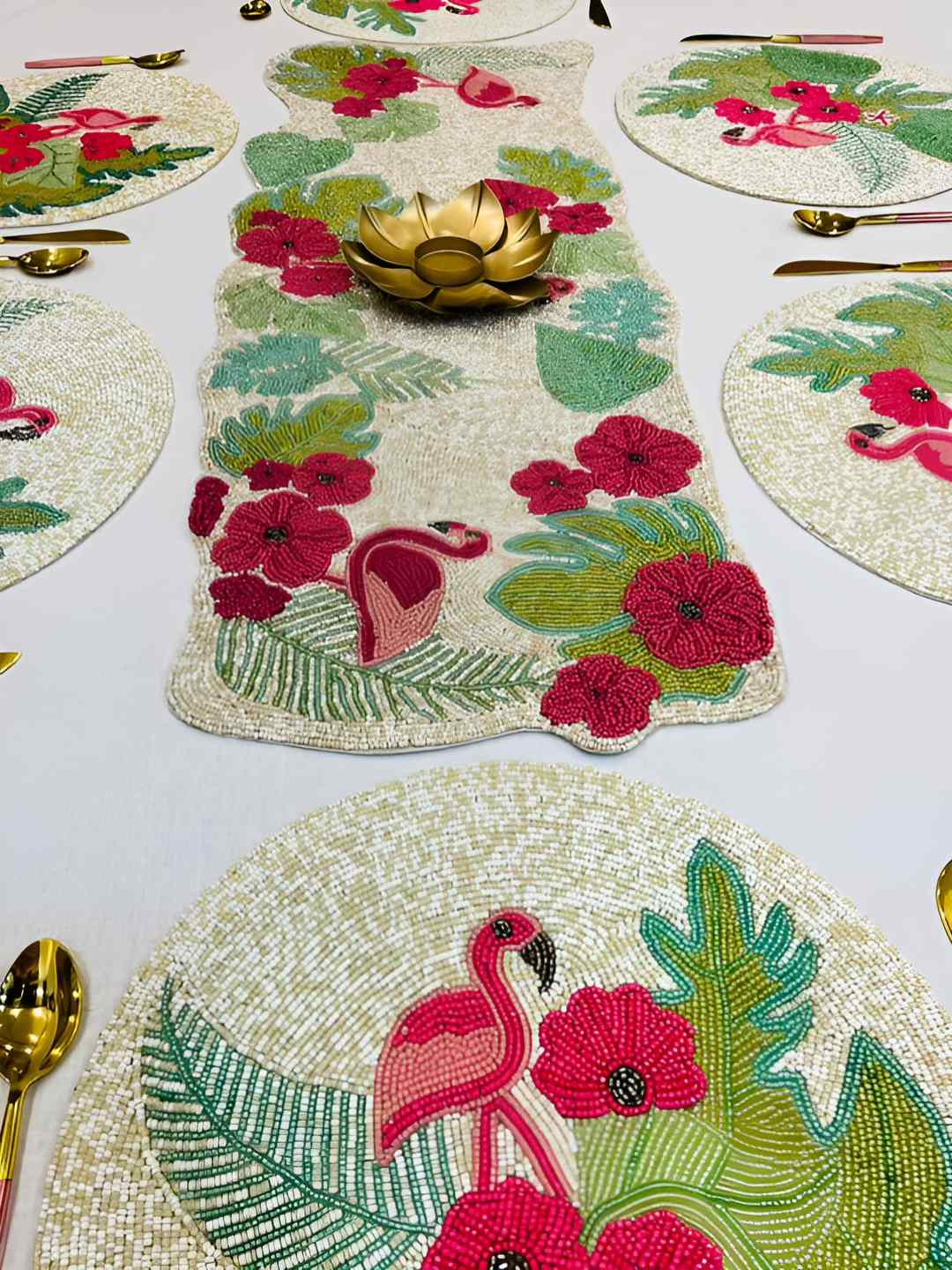 PURINA'S Beige & Green Embroidered Dining Table Runner