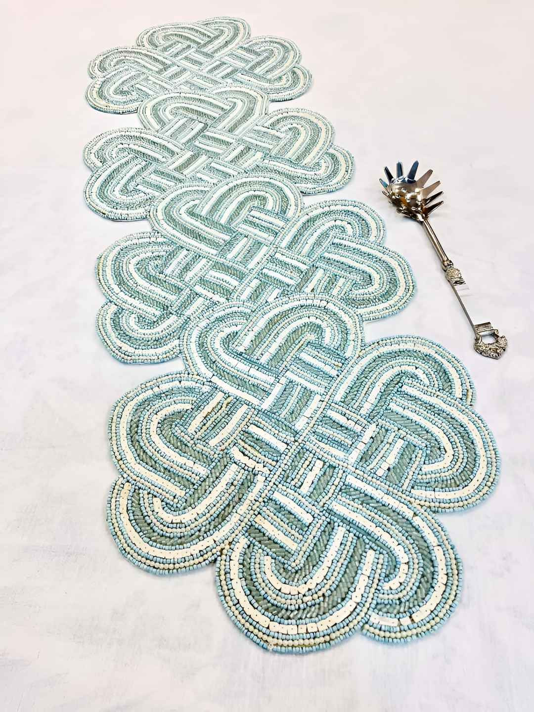 PURINA'S White & Blue Abstract Beaded Embroidered Dining Table Runner