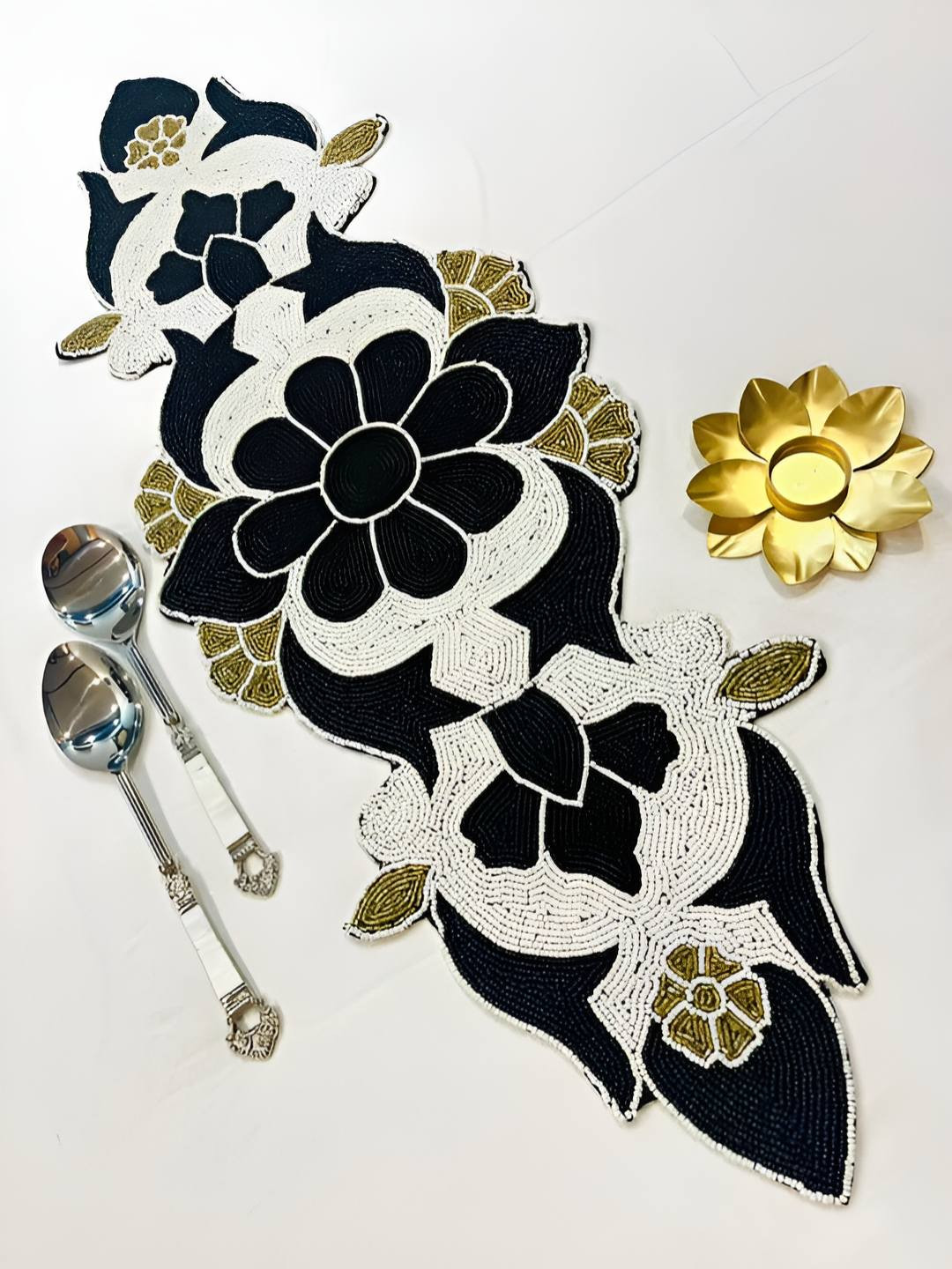 PURINA'S White & Navy Blue Embellished Dining Table Runner