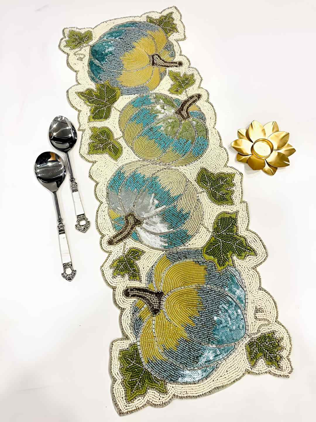 PURINA'S White & Green Embellished Dining Table Runner