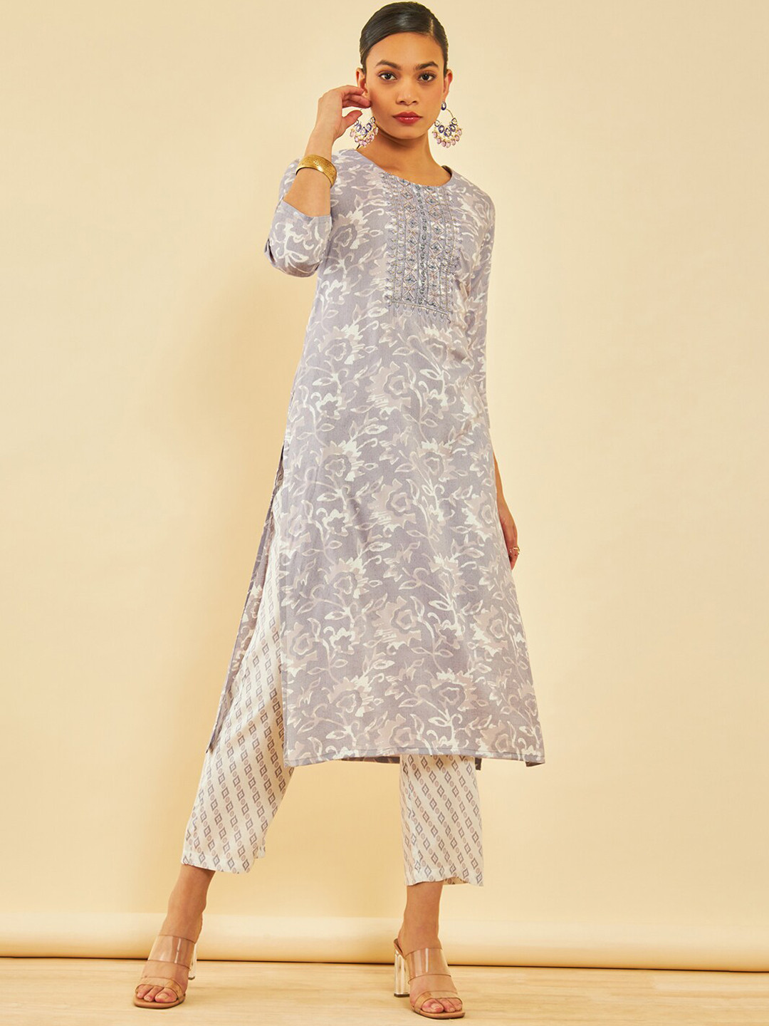 Soch Floral Printed Regular Thread Work Kurta with Trousers