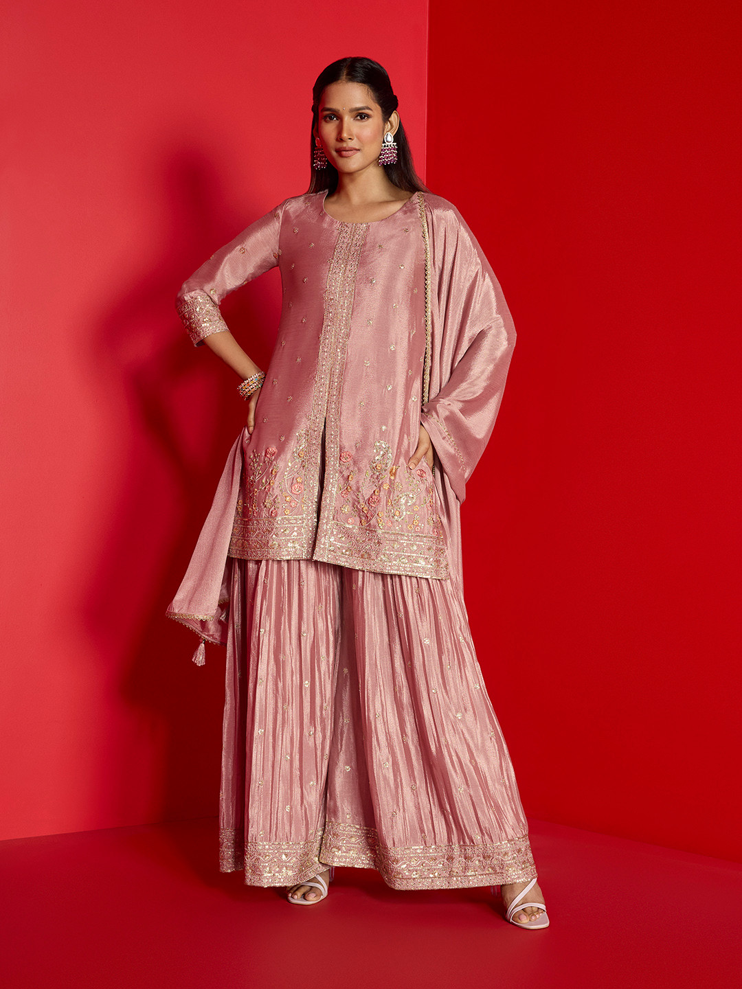 Soch Alina Cut Pink Ethnic Motifs Embroidered Regular Sequinned Kurta With Palazzos & Dupatta