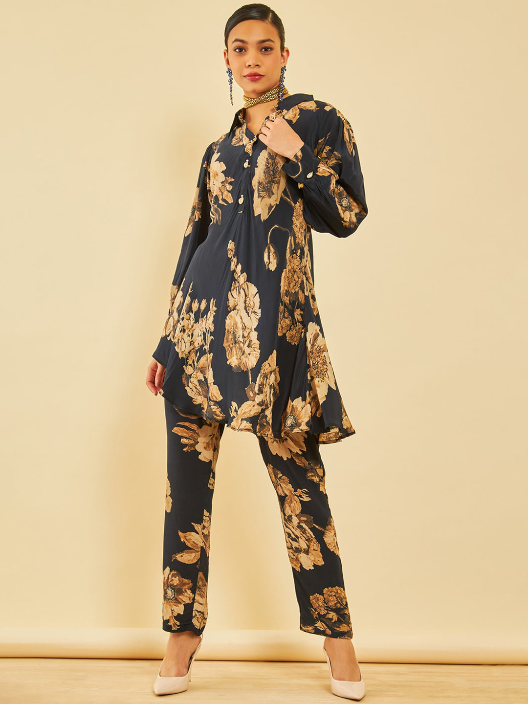 Soch Black Shirt Collar Printed Tunic with Trousers