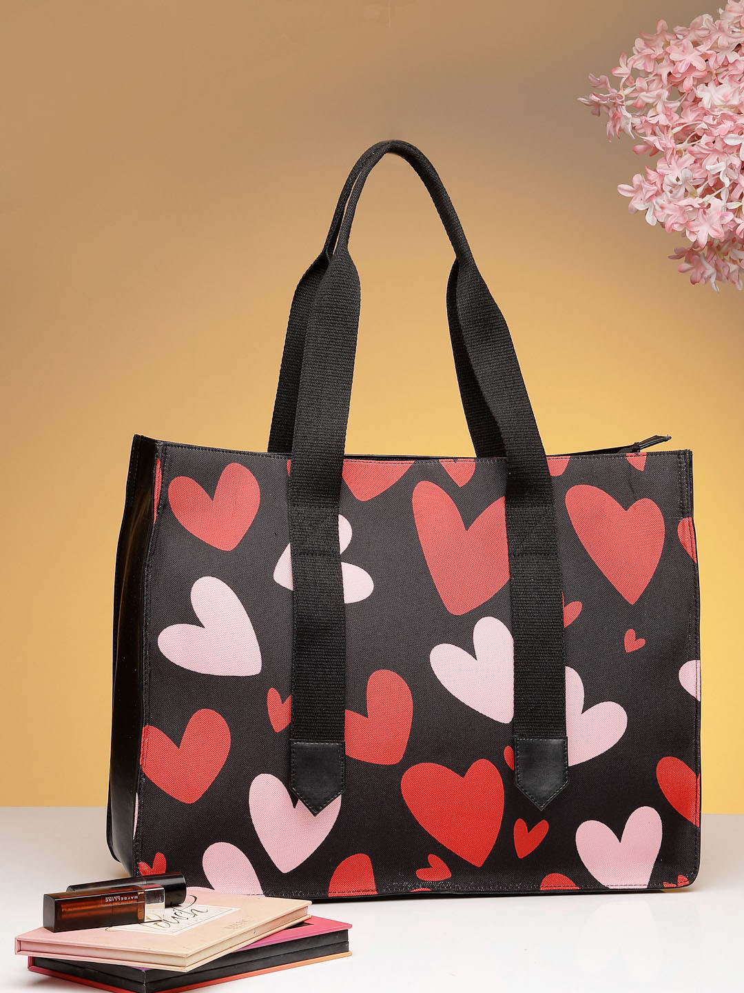 DressBerry Black Heart Printed Structured Tote Bag