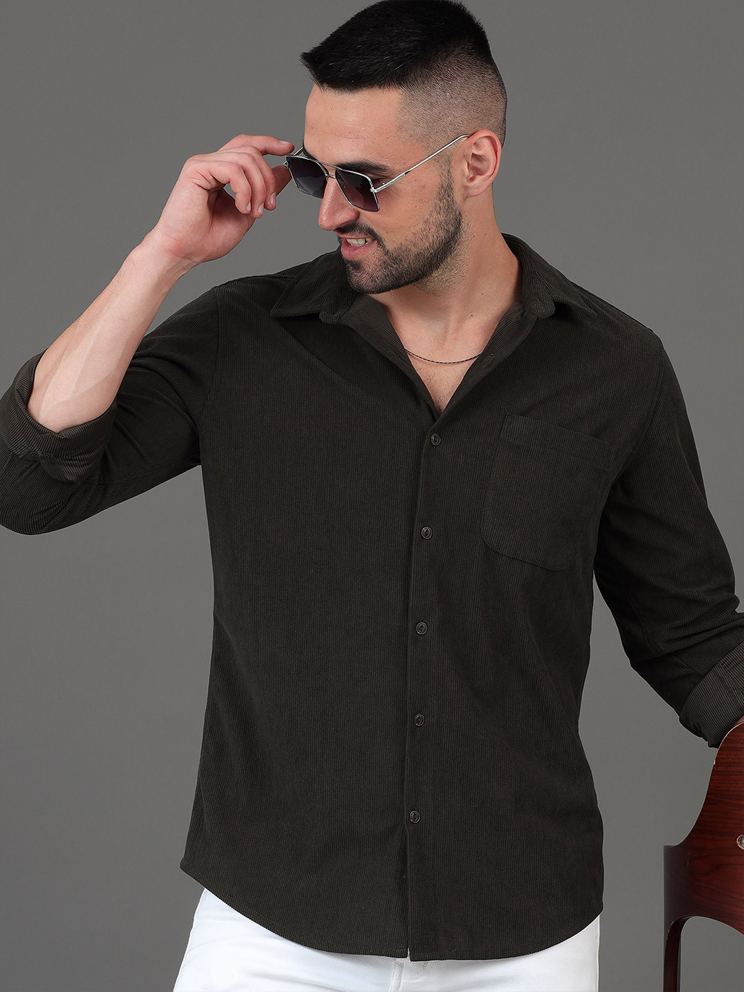 HERE&NOW Olive Green Slim Fit Textured Opaque Casual Shirt
