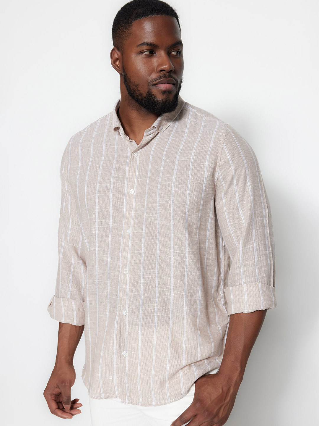 Trendyol Plus Size Striped Button-Down Collar Long Sleeves Cotton Casual Shirt
