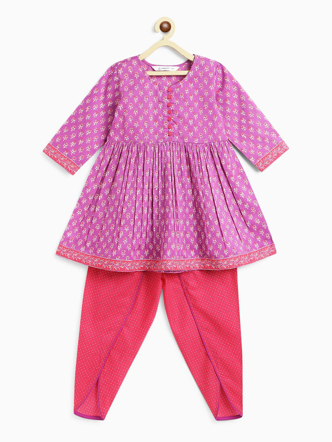 Campana Girls Ethnic Block Printed Pleated Anarkali Pure Cotton Kurti with Dhoti Pants