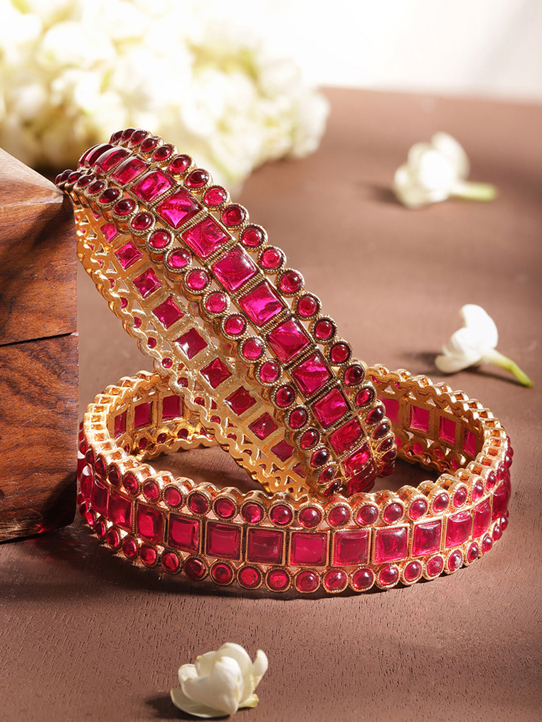 Rubans Set of 2 Gold Plated Pink Crystal Kemp Stones Studded Premium Bangles
