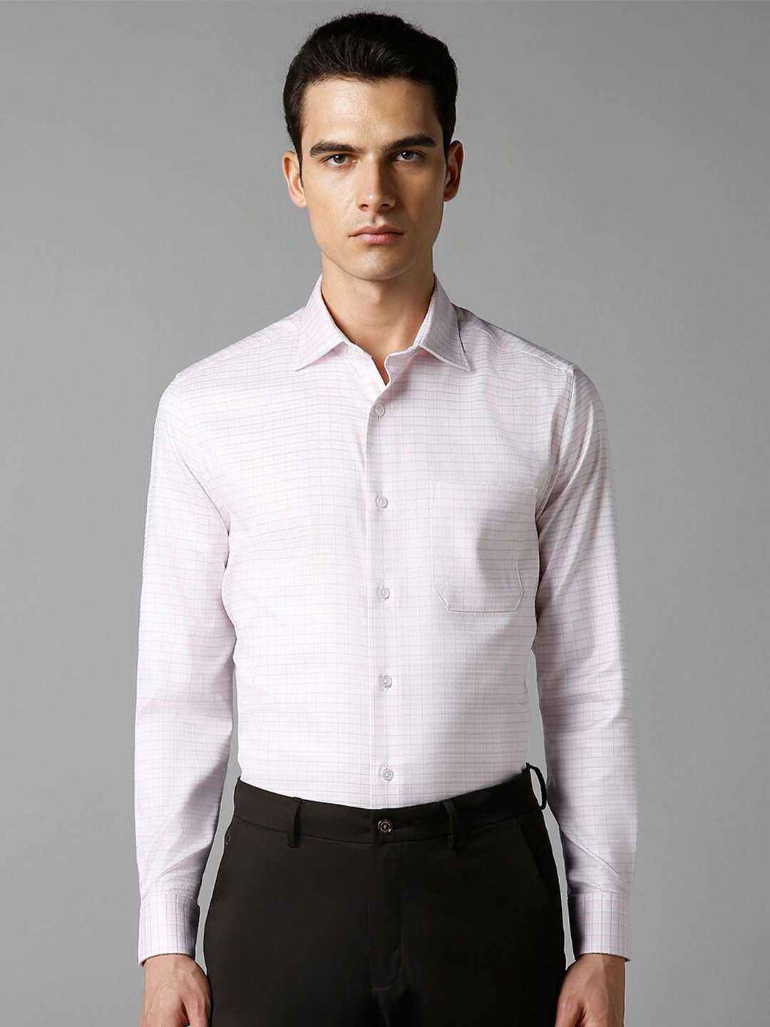 Louis Philippe Classic Fit Micro Checks Spread Collar Chest Pocket Cotton Formal Shirt